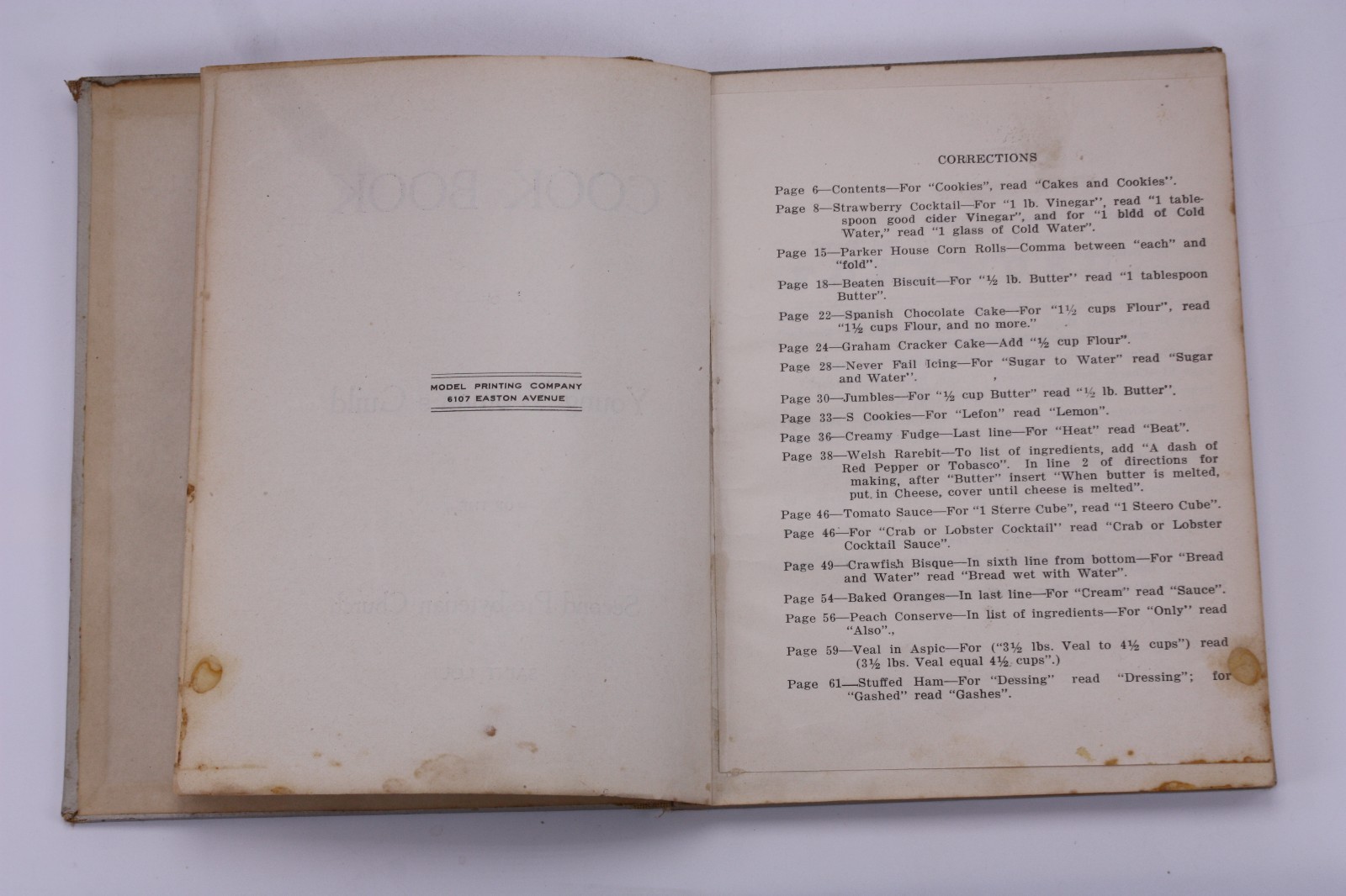 Cook Book of Young Woman’s Guild 2nd Presbyterian Church Rare Recipe 1951 Ads