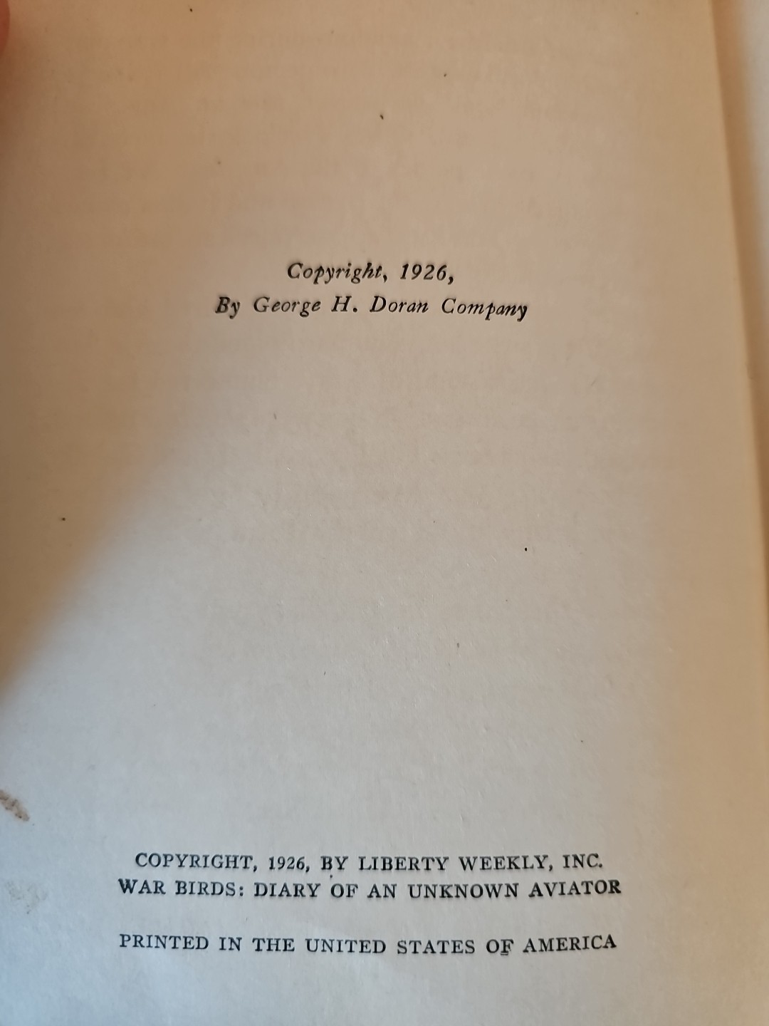 War Birds – 1926 – Diary of an Unknown Aviator – George H Doran Company