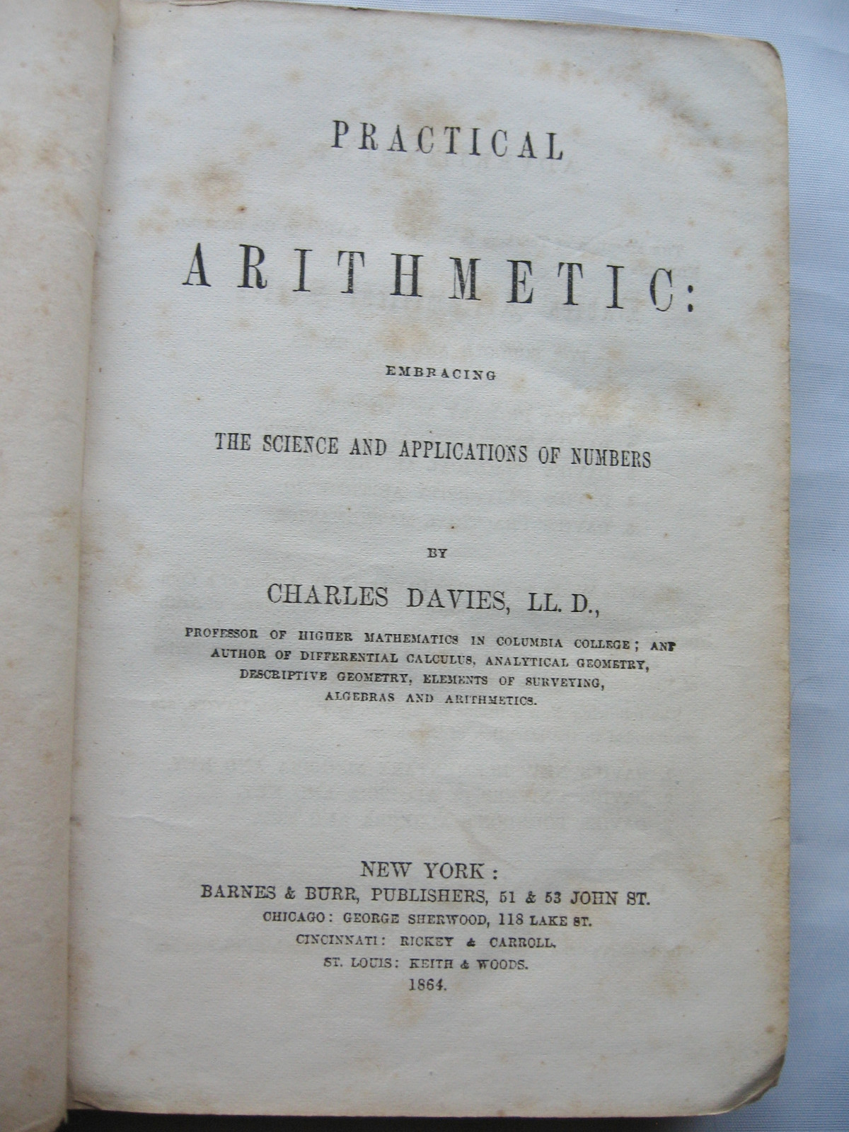 1864 Practical Arithmetic by Charles Davies, Leather Over Spine