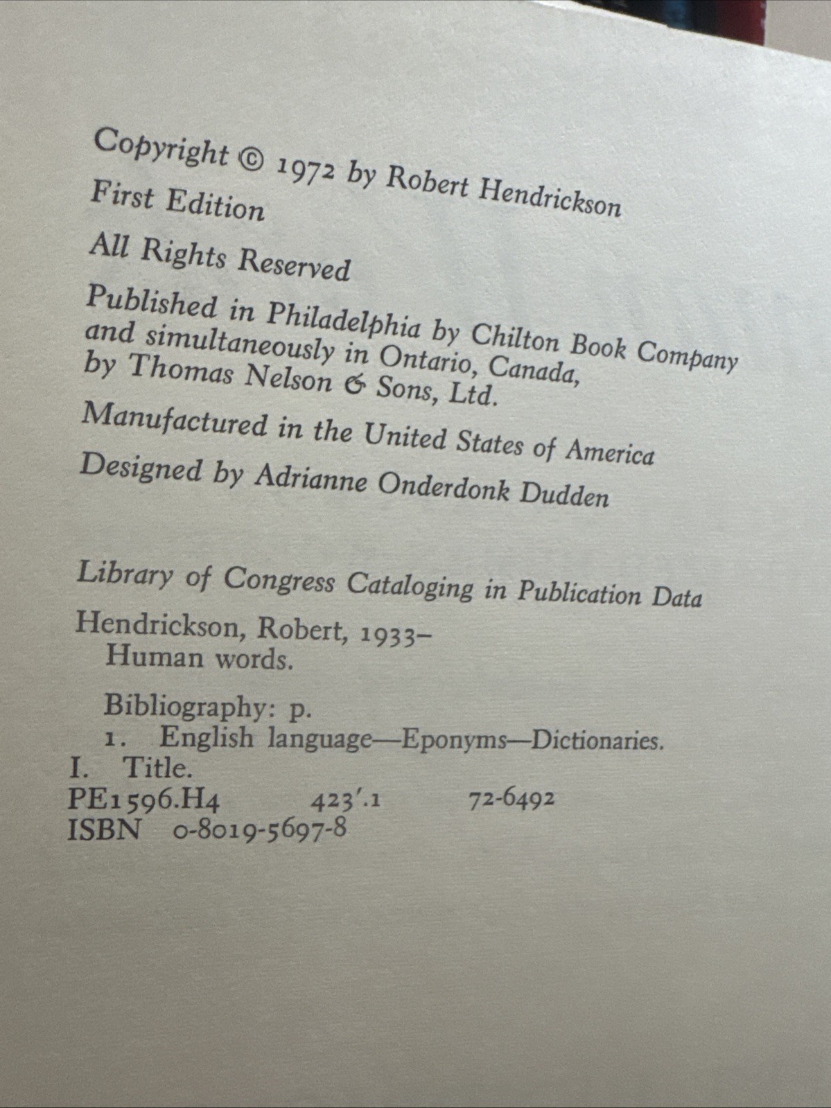 HUMAN WORDS ROBERT HENDRICKSON 1972 HARDCOVER WITH DUST JACKET 1St Edition