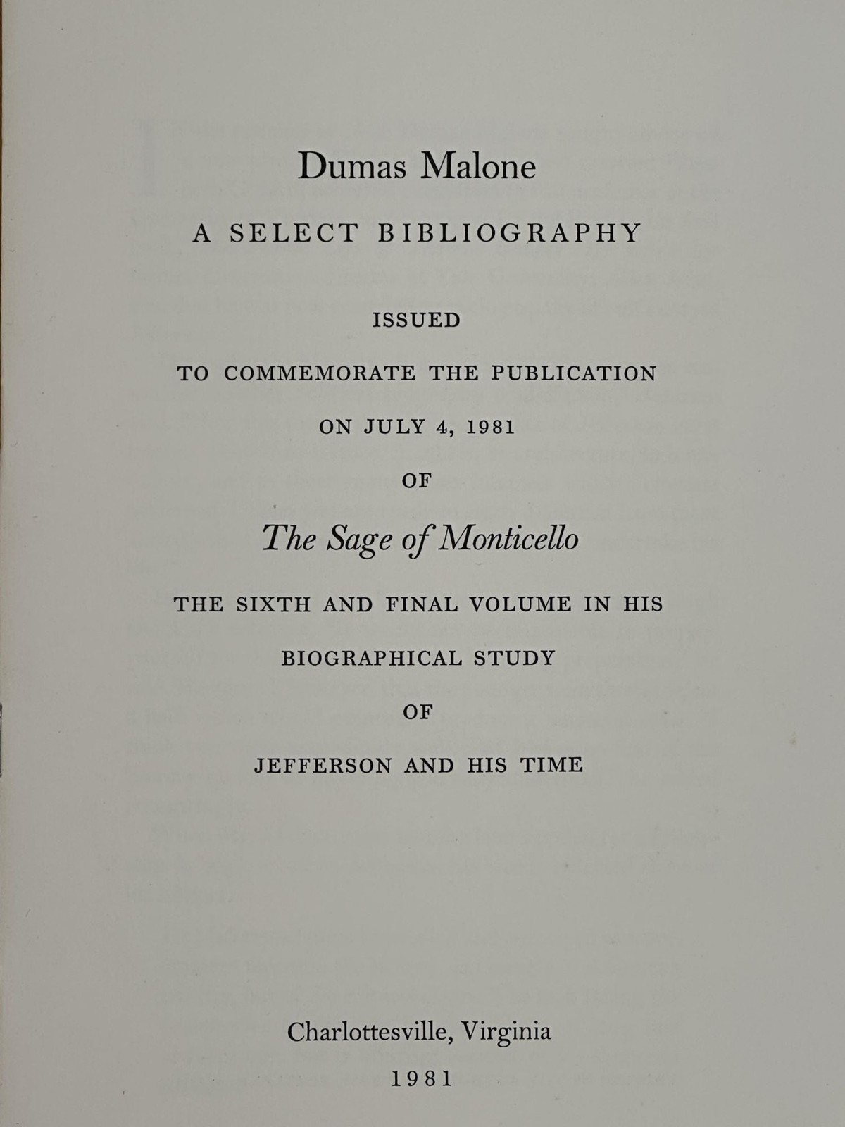 Dumas Malone A Select Bibliography / 1981