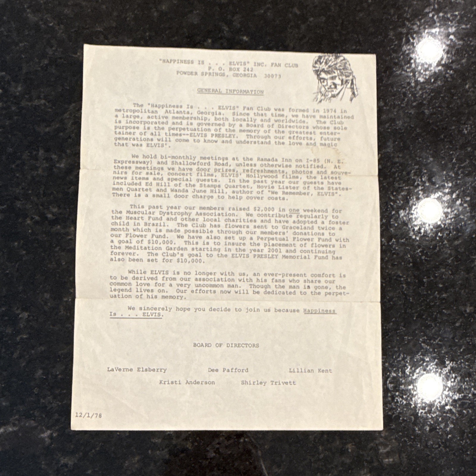 Elvis „Happiness Is…“ Fan Club General Information Typed Letter Ephemera 1978