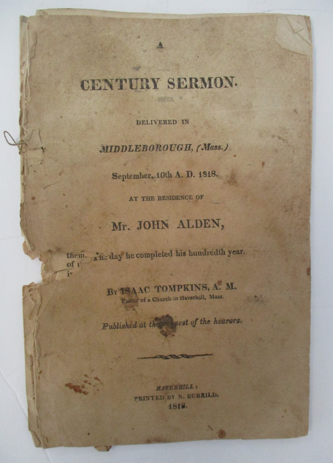 1818 A CENTURY SERMON at the residence of John Alden by Isaac Tompkins