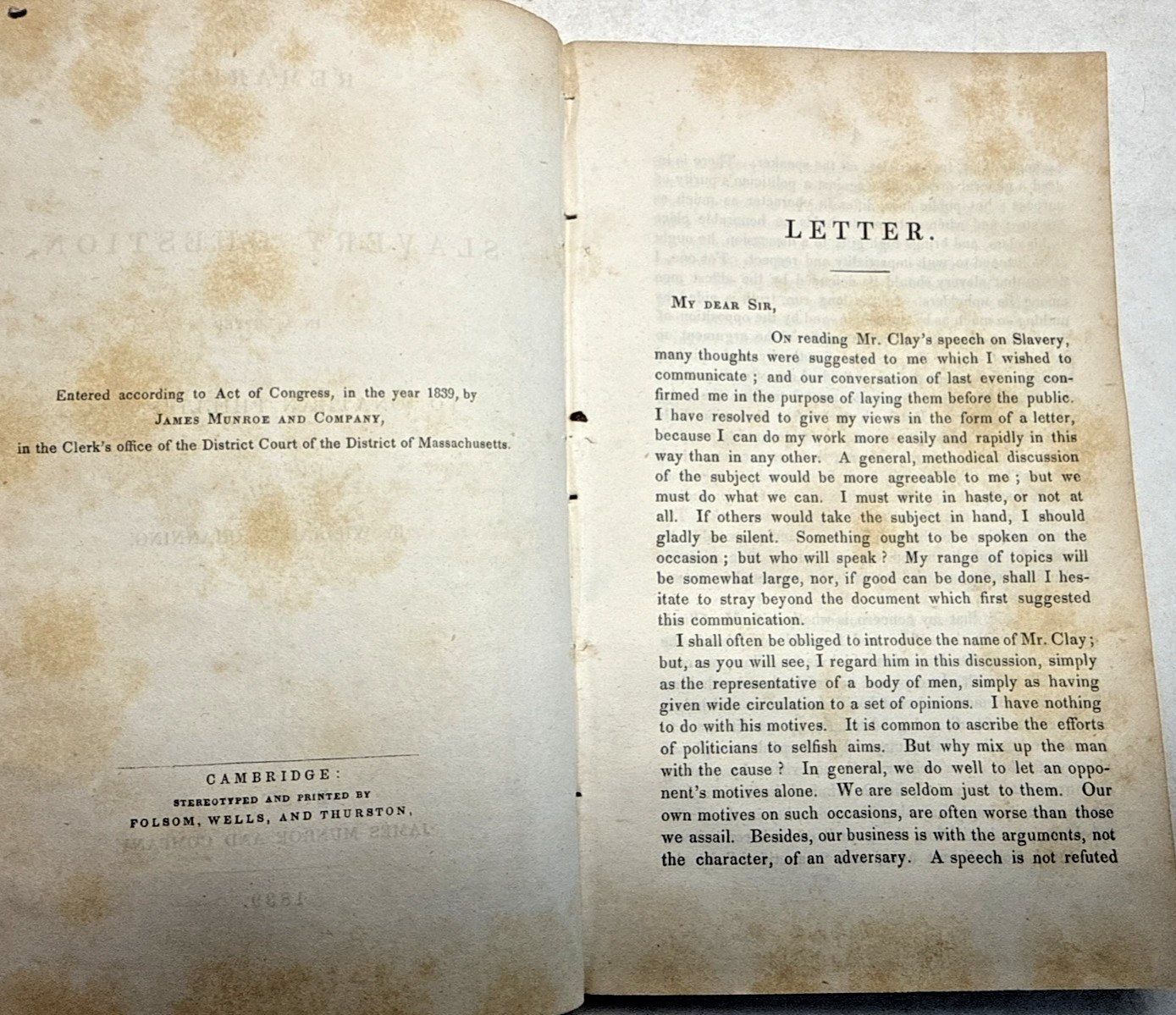 Remarks on Slavery Question Jonathan Phillips Channing 1839 1st ED Antique Book