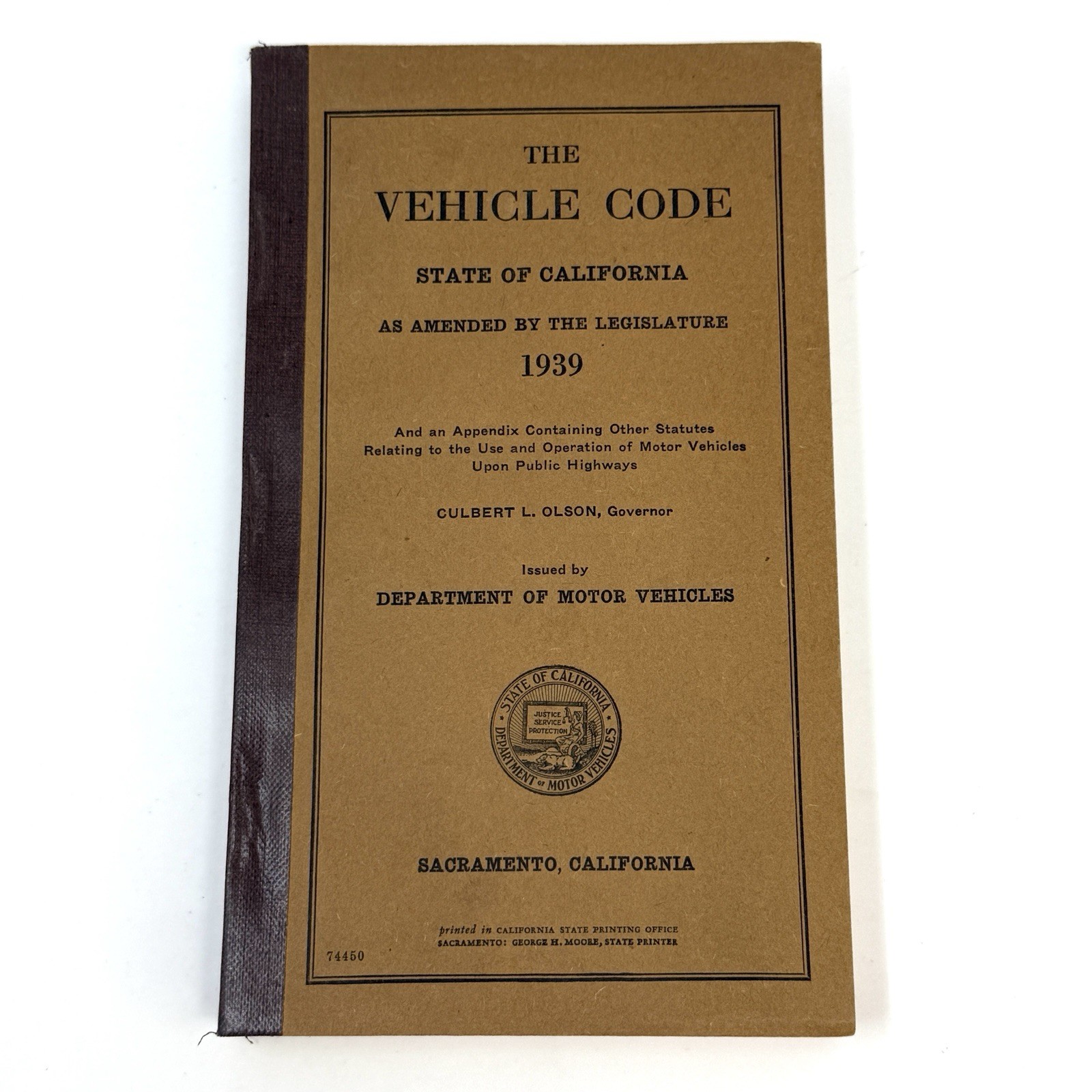 Vintage The Vehicle Code State Of California Legislature 1939 DMV Book Excellent
