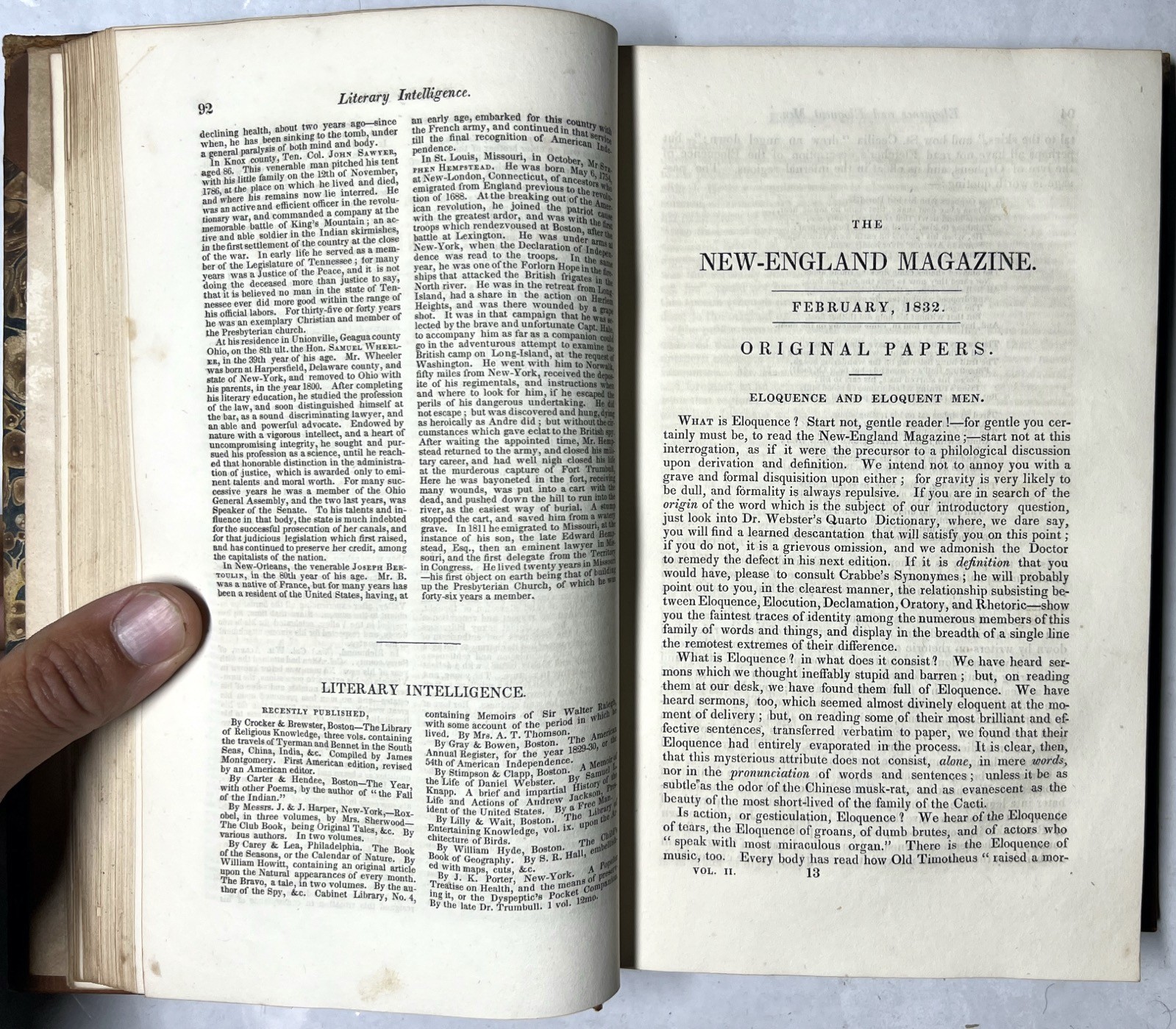 1832 NEW ENGLAND MAGAZINE BUCKINGHAM VOL II JAN-JUNE OREGON MAINE NEW HAVEN RARE