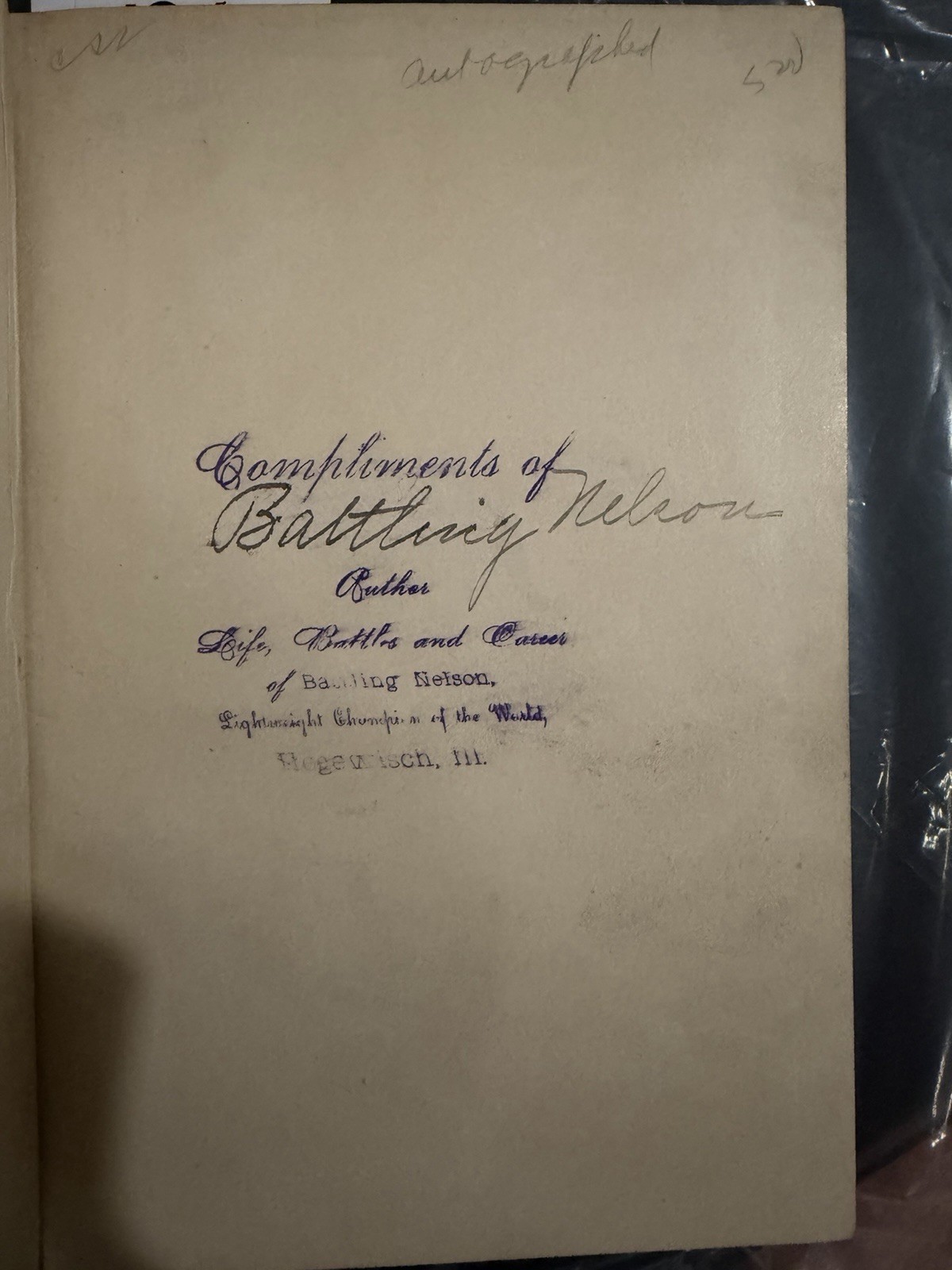 Battling Nelson 1909 Book First Edition Signed Non Inscribed Loa