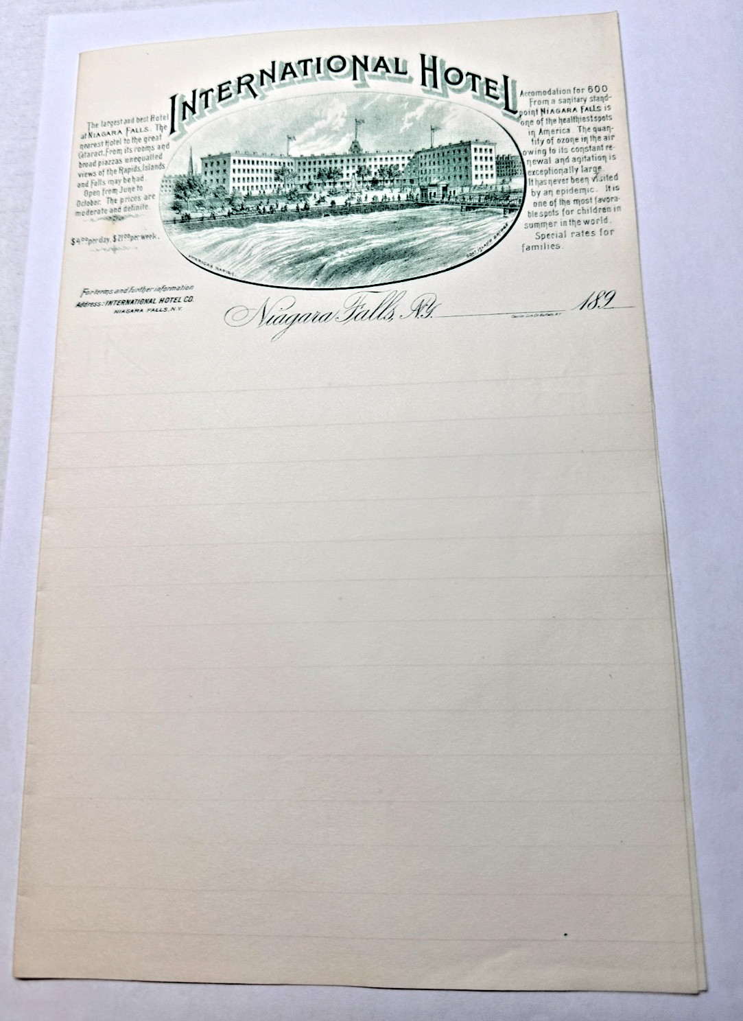 1890s International Hotel Niagara Falls NY Unused Letterhead Stationery