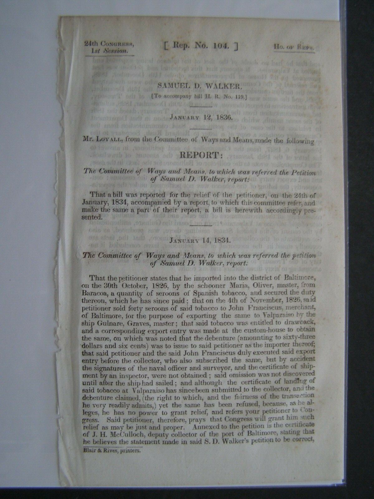Government Report 1836 Samuel D Walker Imported into Baltimore Spanish Tobacco