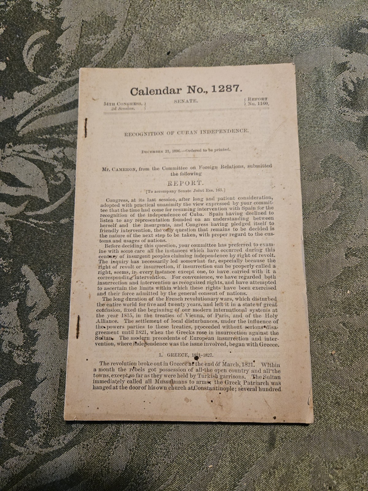 Recognition Of Cuban Independence 1896 US Government Report Rare