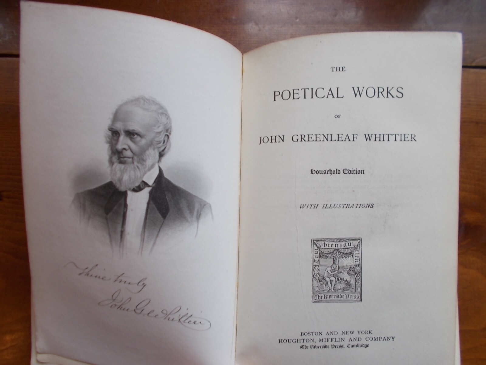 THE POETICAL WORKS of JOHN GREENLEAF WHITTIER c 1892 8″x5″ 491 pgs- see pictures