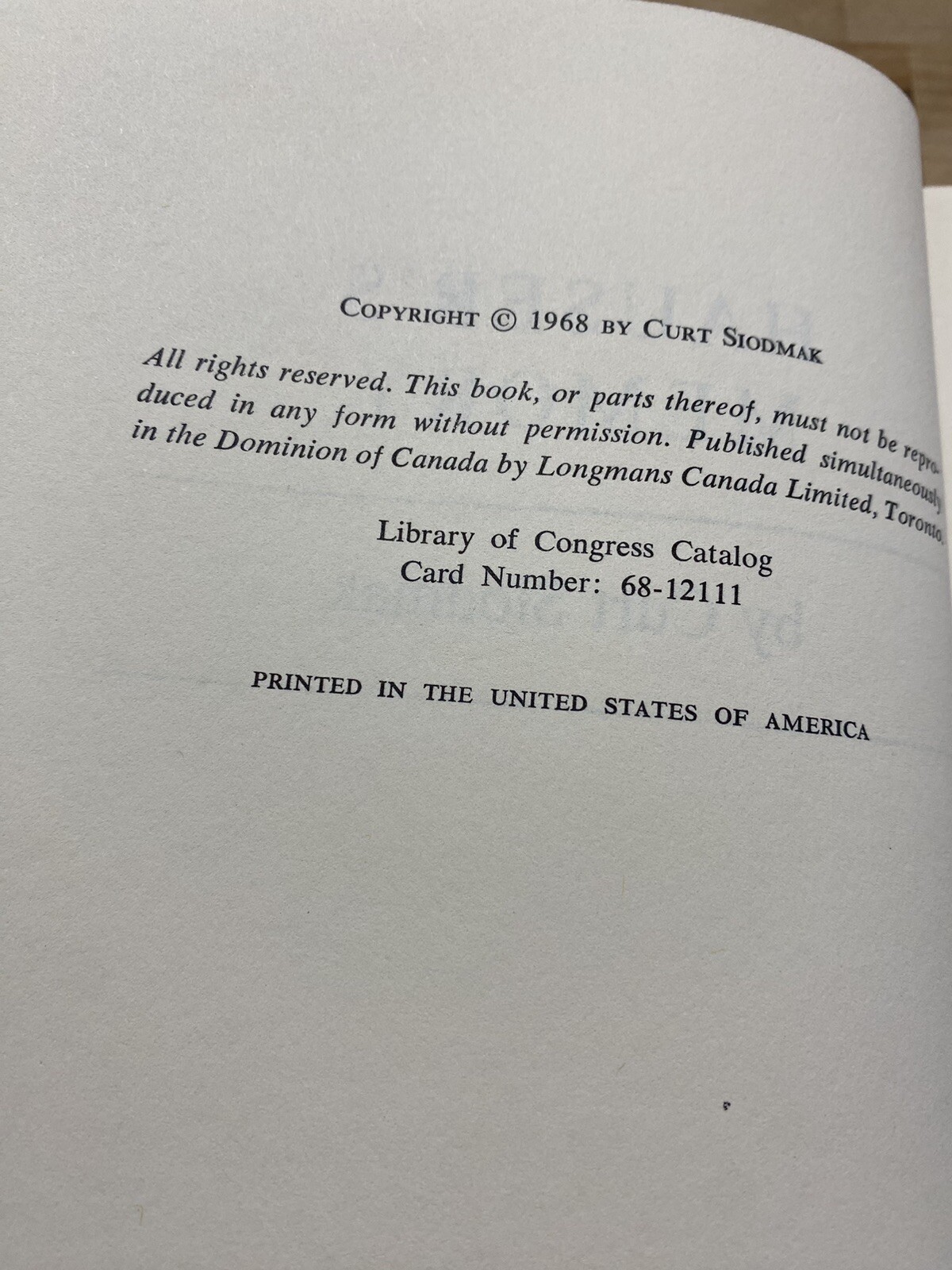 Hauser’s Memory By Curt Siodmack (Putnam 1968, 1st Edition)