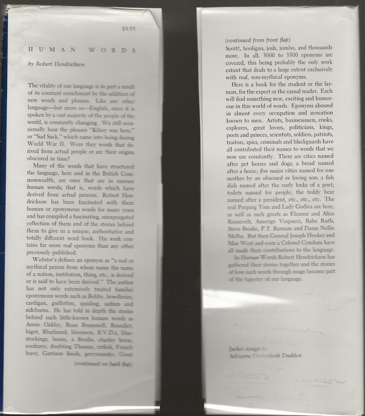 HUMAN WORDS ROBERT HENDRICKSON 1972 HARDCOVER WITH DUST JACKET