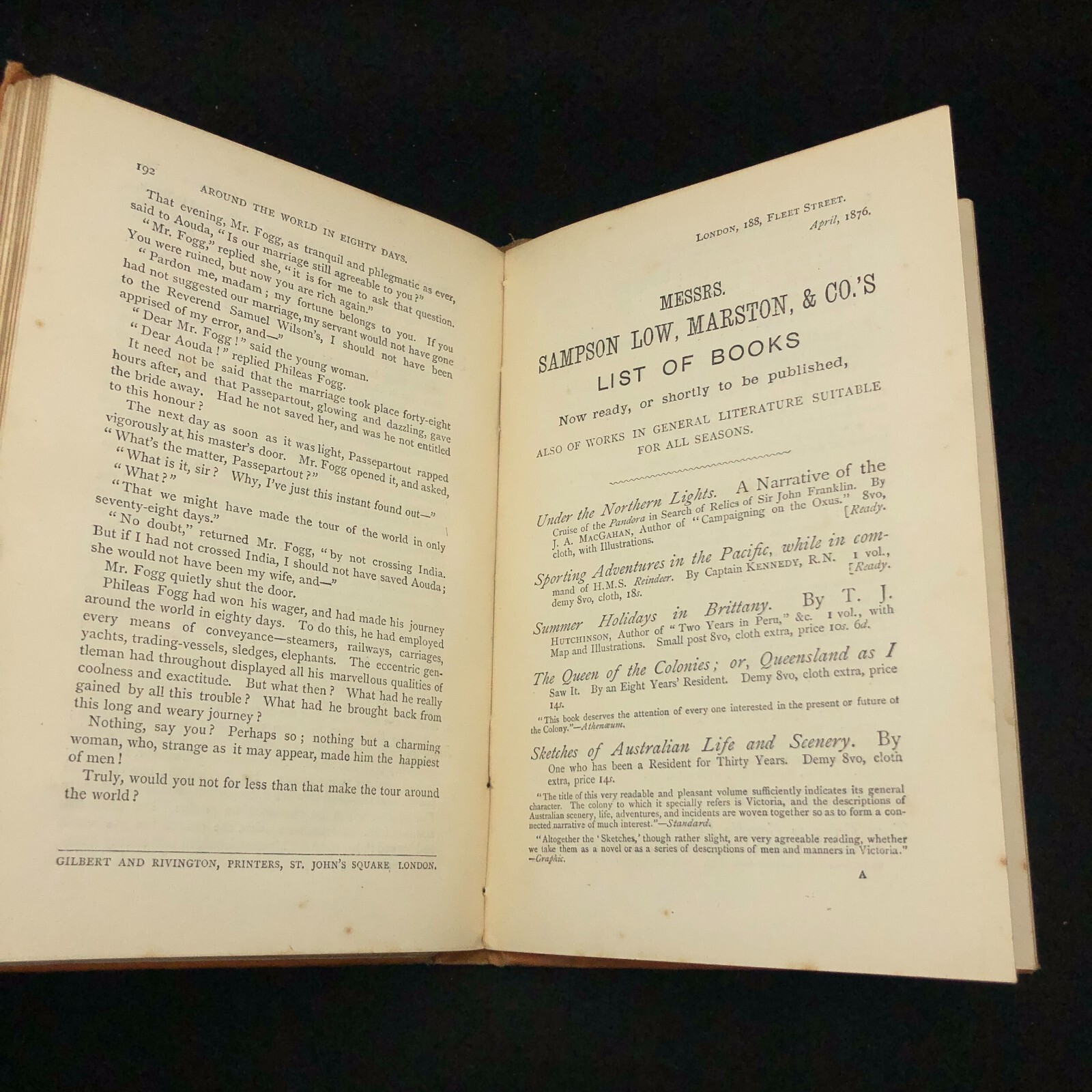 Around The World In Eighty Days ~ Jules Verne ~ 1876 UK Edition Sampson Low