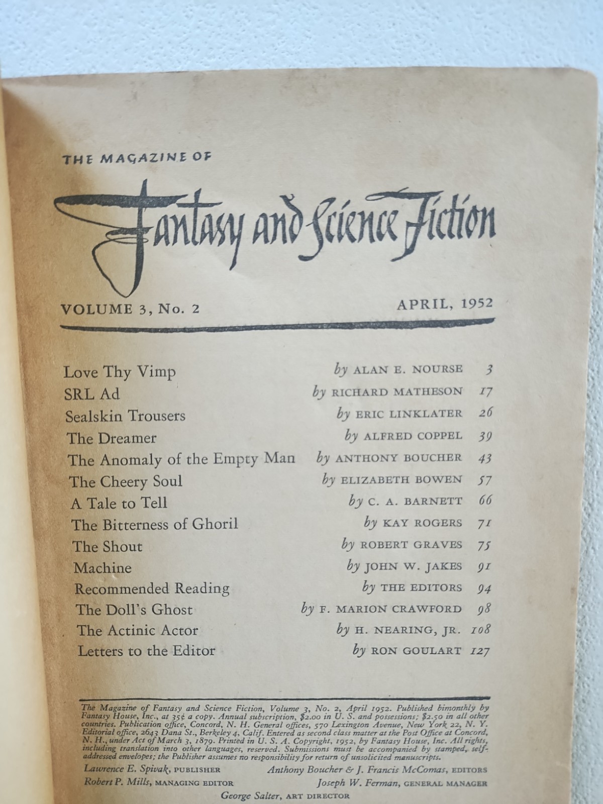 Lot Of (9) The Magazine of Fantasy and Science Fiction Vintage 1950’s – (G) Good