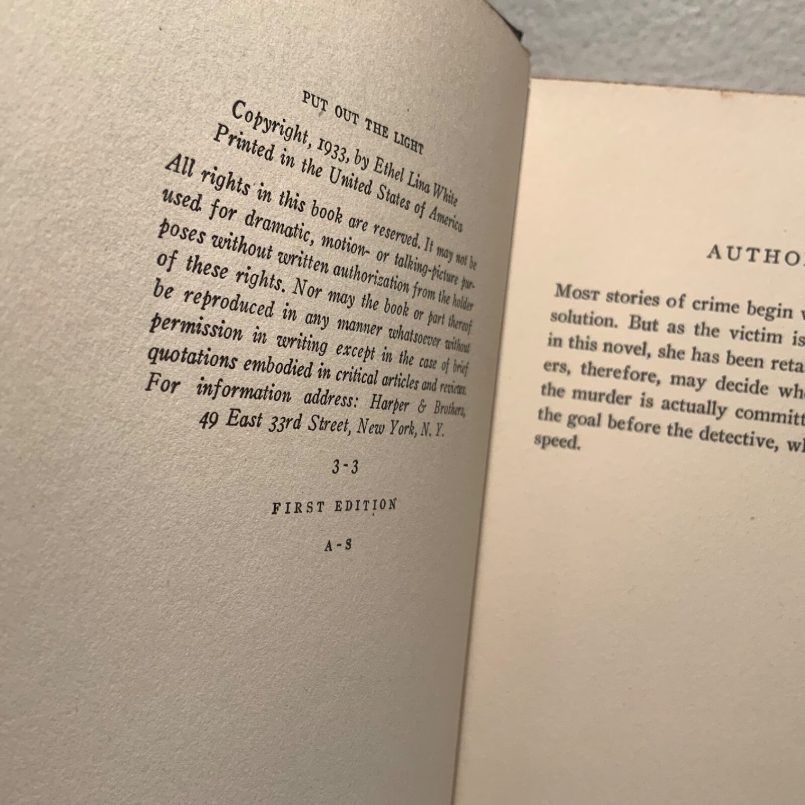 Put Out The Light by Ethel Lina White 1933 Harper, 1st US edition – VG+/Facs DJ