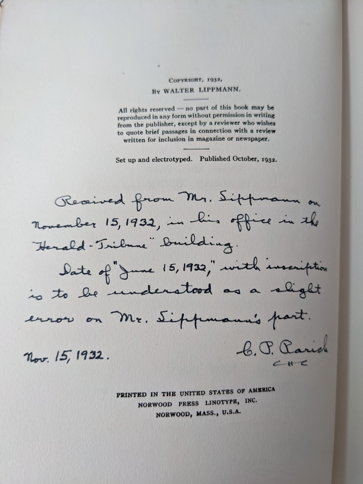 SIGNED Walter Lippmann’s Interpretations: 1931-1932 (HC, 1932) Rare Signature