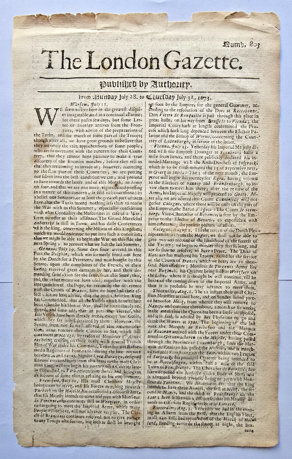 The London Gazette Issue #803 July 28-31, 1673! Over 350 Years Old!