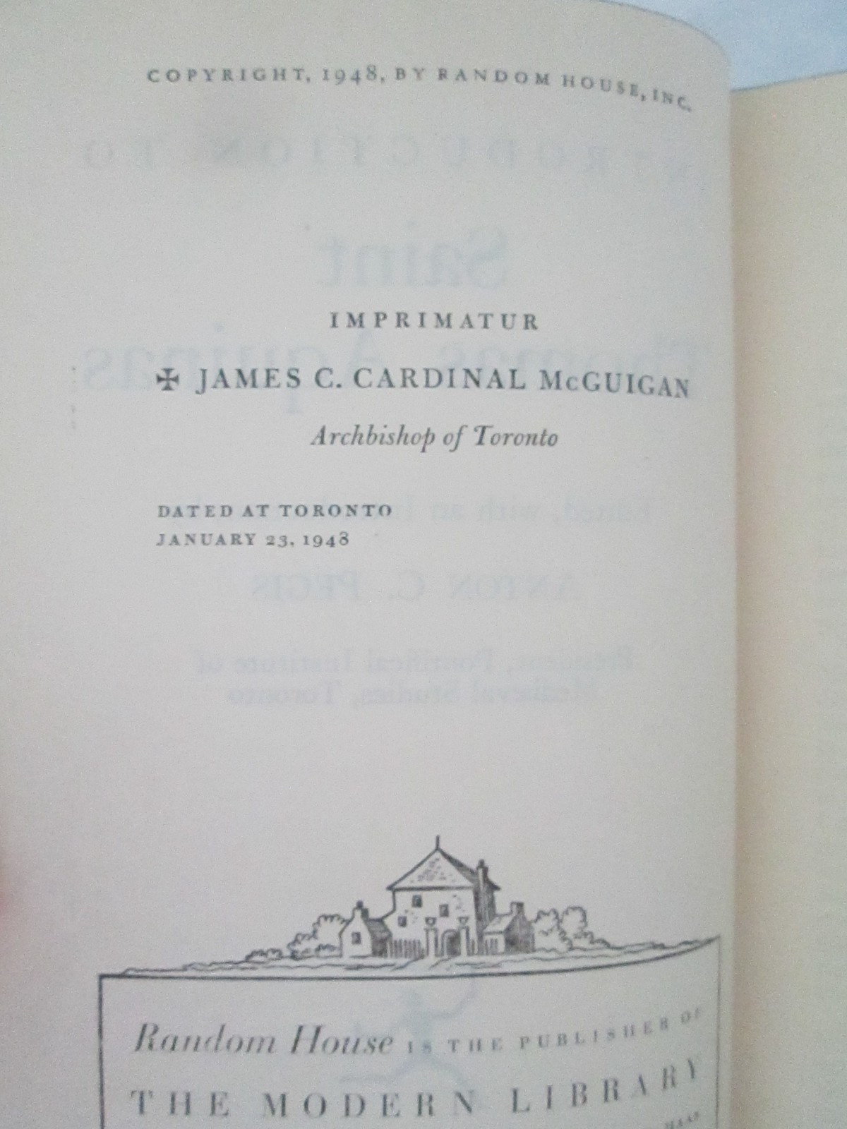 Introduction to St Thomas Aquinas 1948 Modern Library HC Philosophy HBDJ