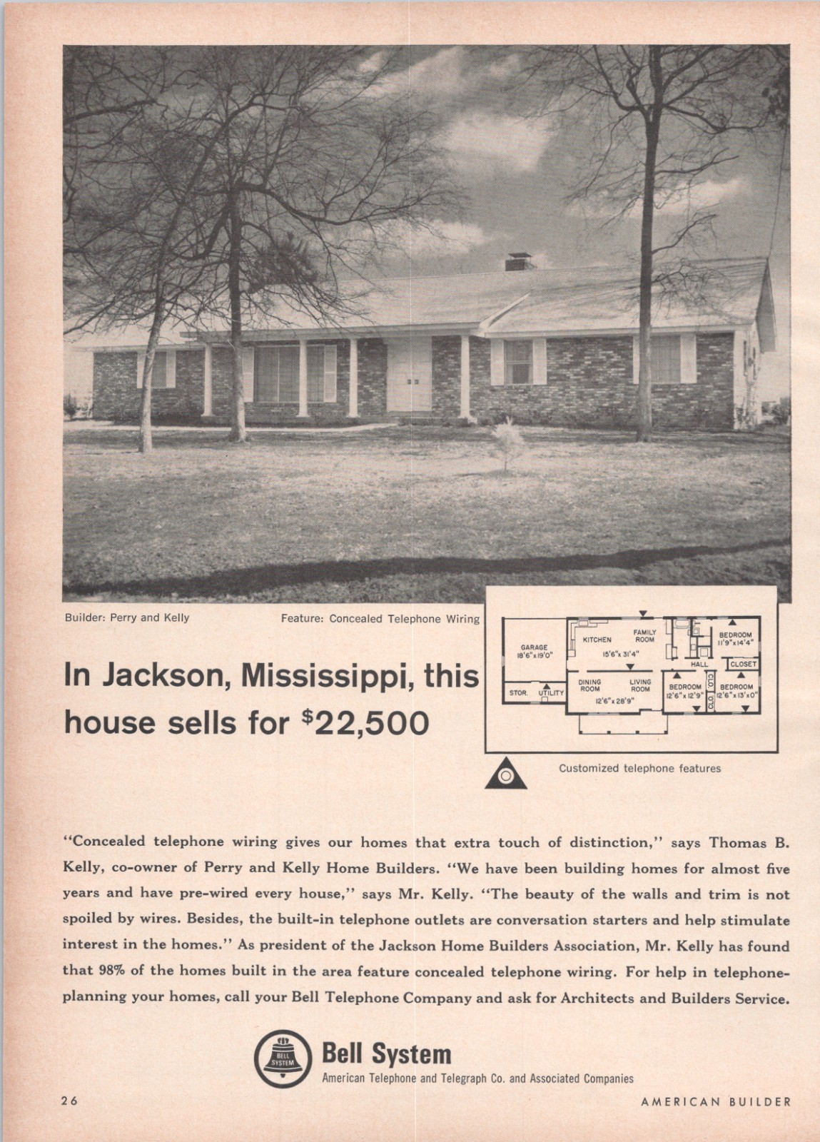 1964 Ad * Unknown House Jackson MS Thomas Kelly Perry & Kelly Home Builders AT&T