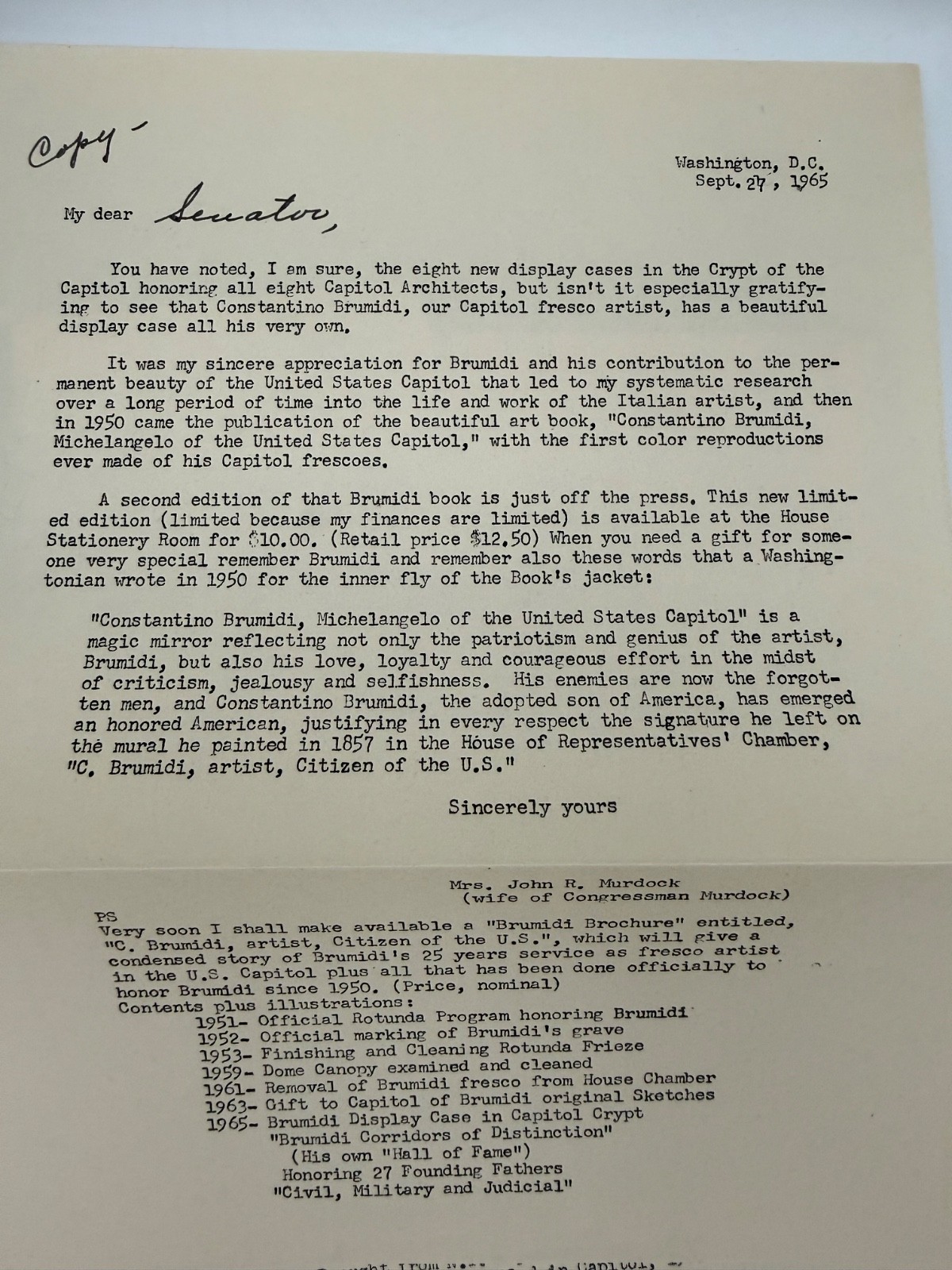 Signed Murdock National Statuary Hall 1955 + Capitol Ephemera Brumidi Letter