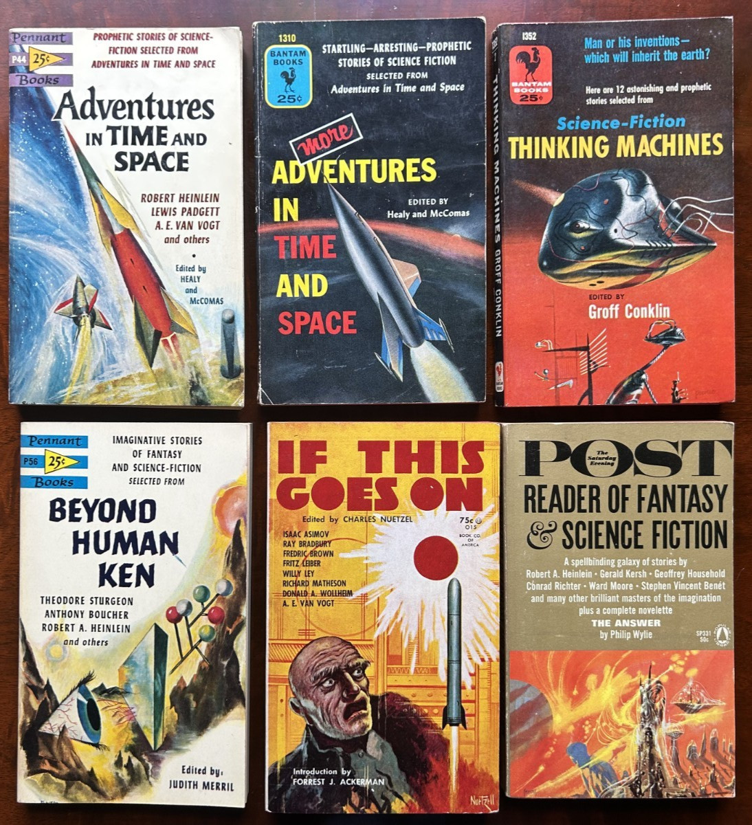 6 Vintage Bantam SF Anthologies (ADVENTURES IN TIME & SPACE/BEYOND HUMAN KEN +)