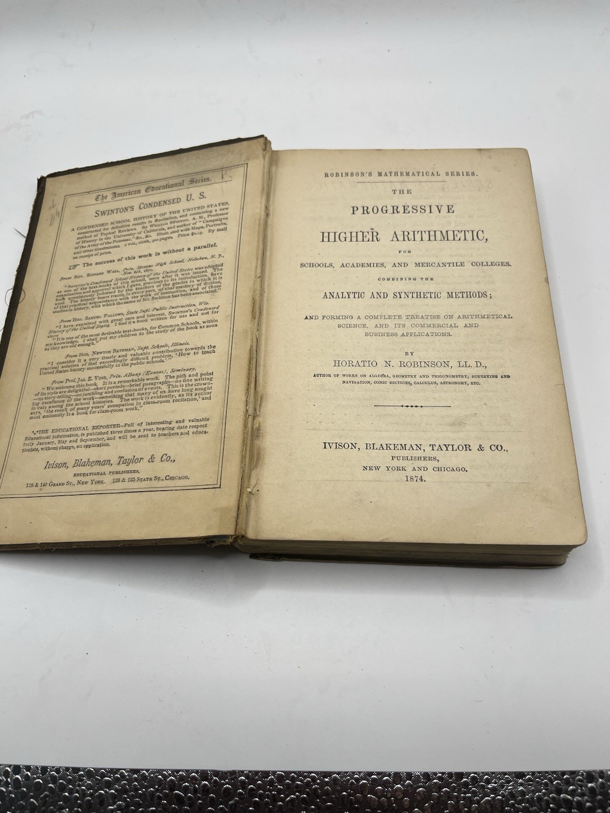Horatio N. Robinson Progressive Higher Arithmetic Hardcover 1874
