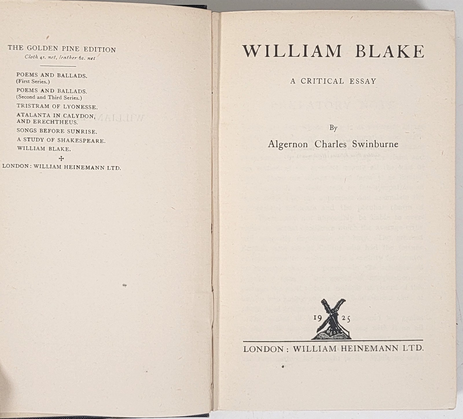 1925 Swinburne William Blake Critical Essay Golden Pine Edition
