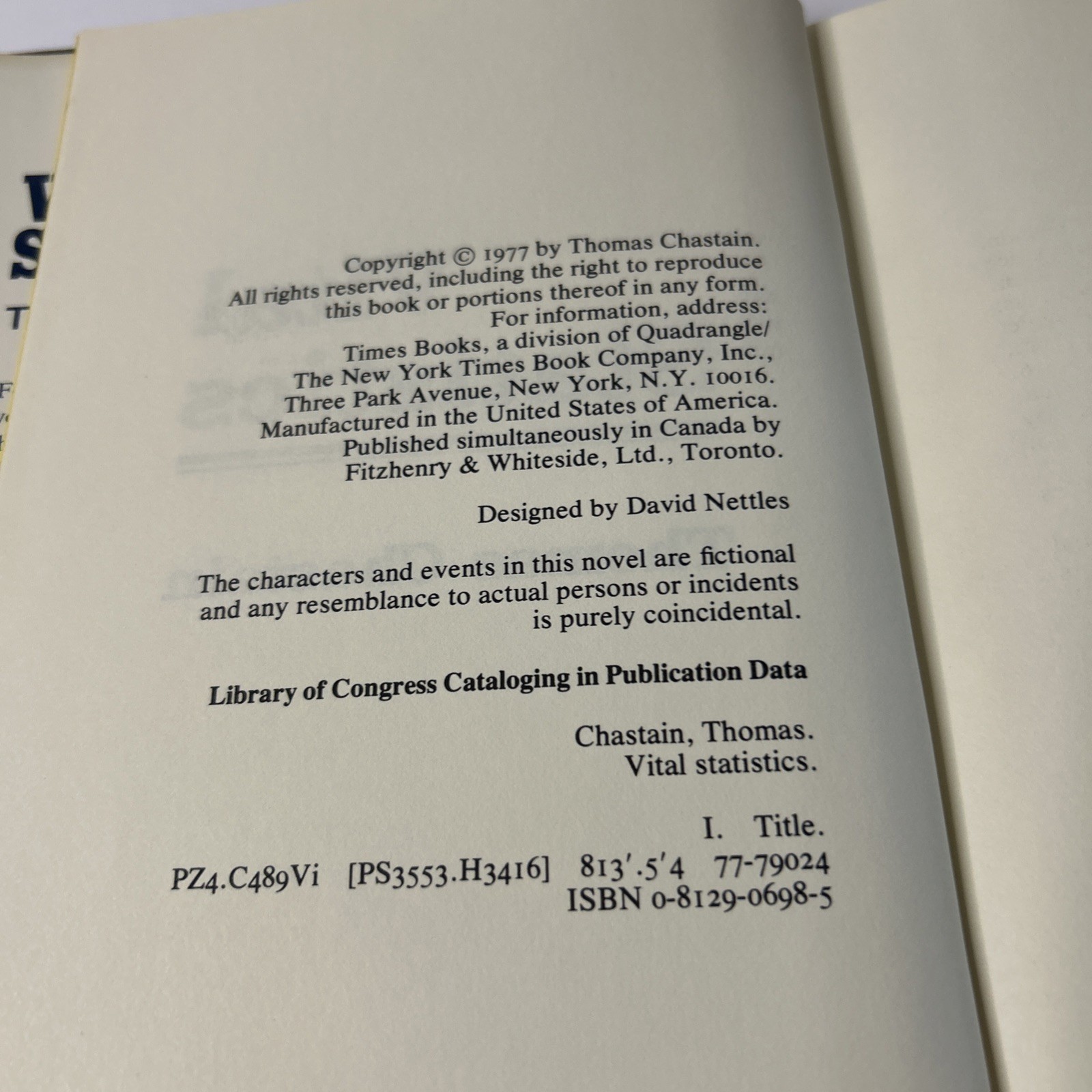 Vital Statistics Thomas Chastain Times 1977 HC w DJ