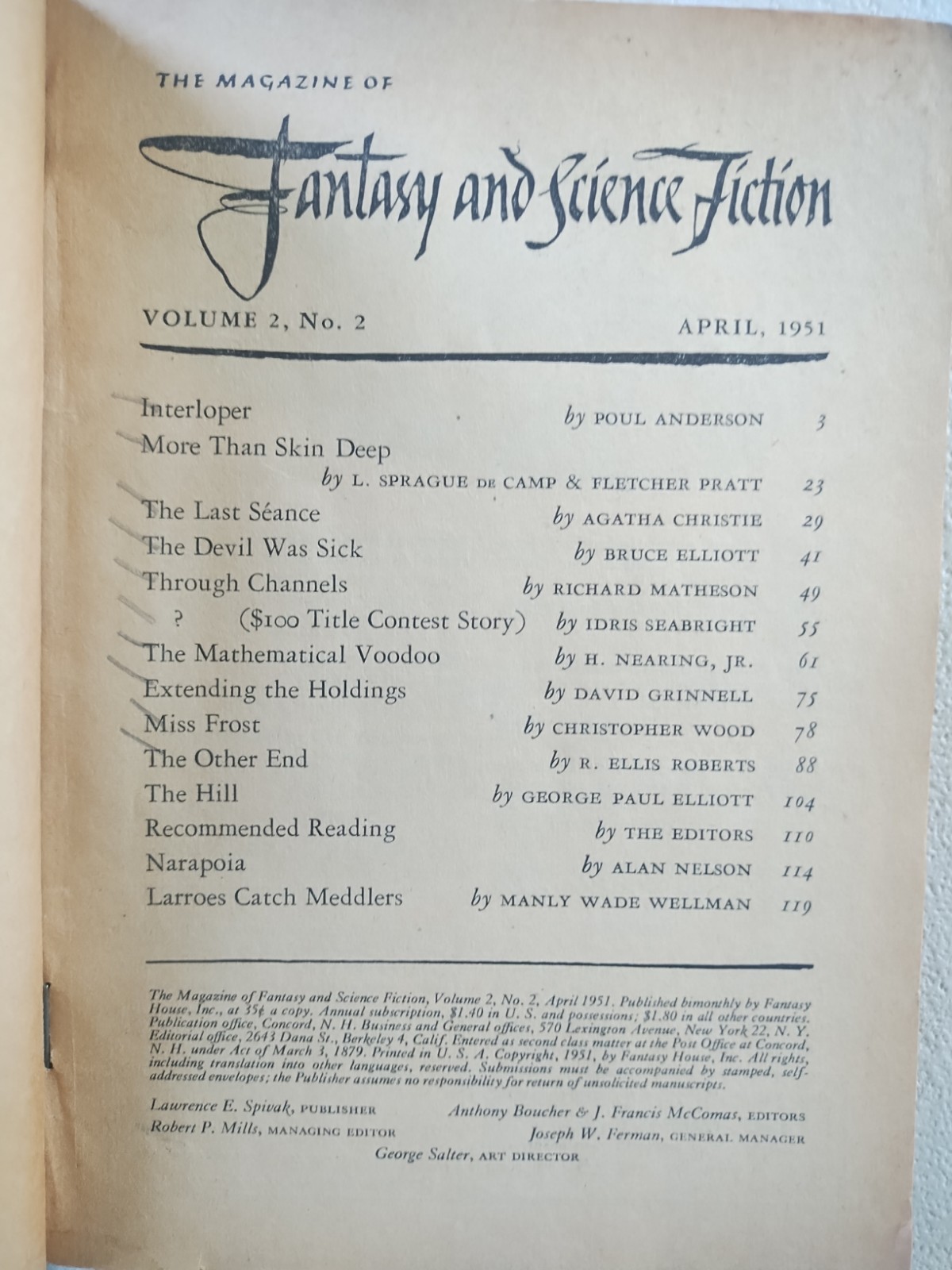 Lot Of (9) The Magazine of Fantasy and Science Fiction Vintage 1950’s – (G) Good
