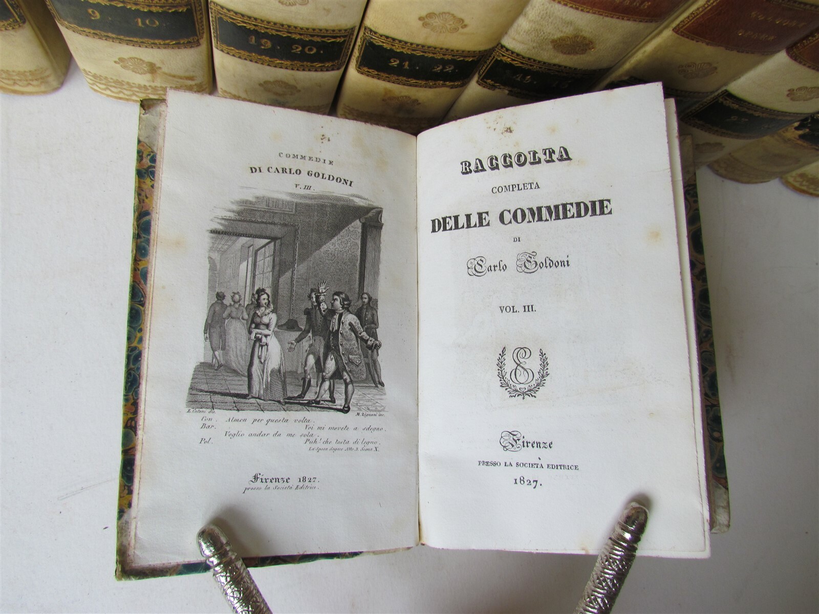 1827-31 15 volumes ITALIAN THEATRE PLAYS antique decorative VELLUM SPINES