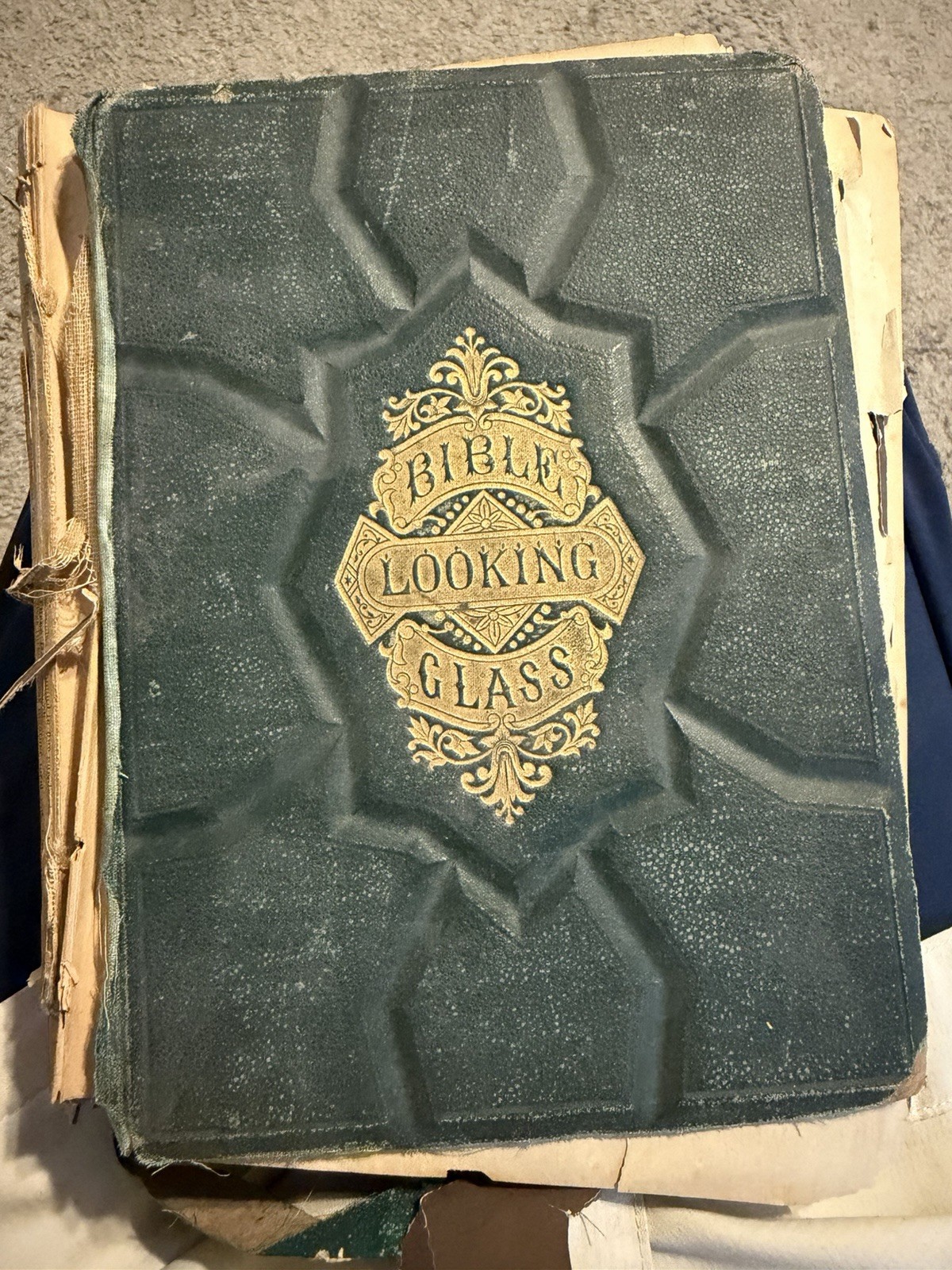 Antique 1874 The Bible Looking Glass John W Barber Illustrated Leather ASIS POOR