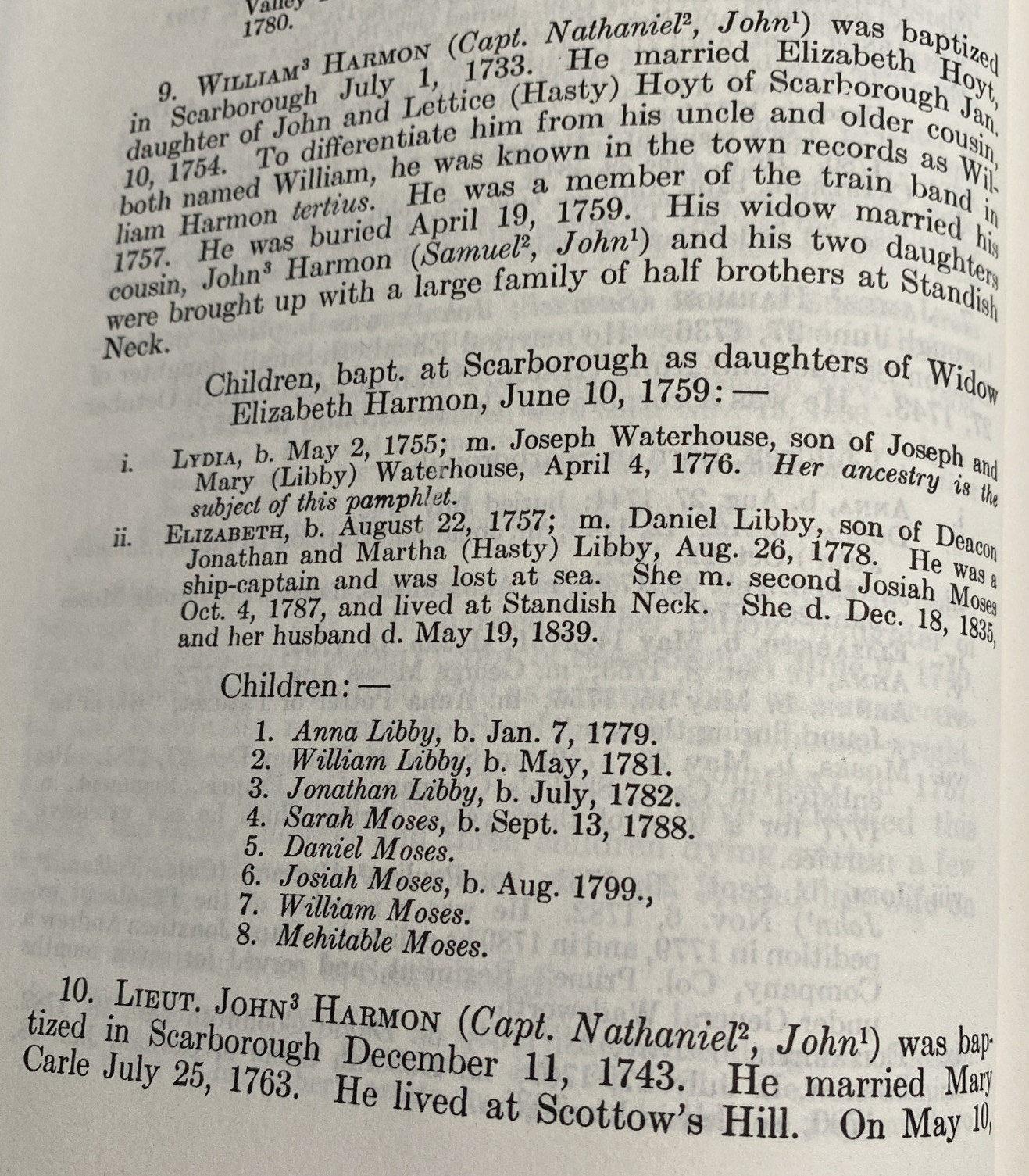 The Ancestry of Lydia Harmon 1755-1836 wife of Joseph Waterhouse of Standish, ME
