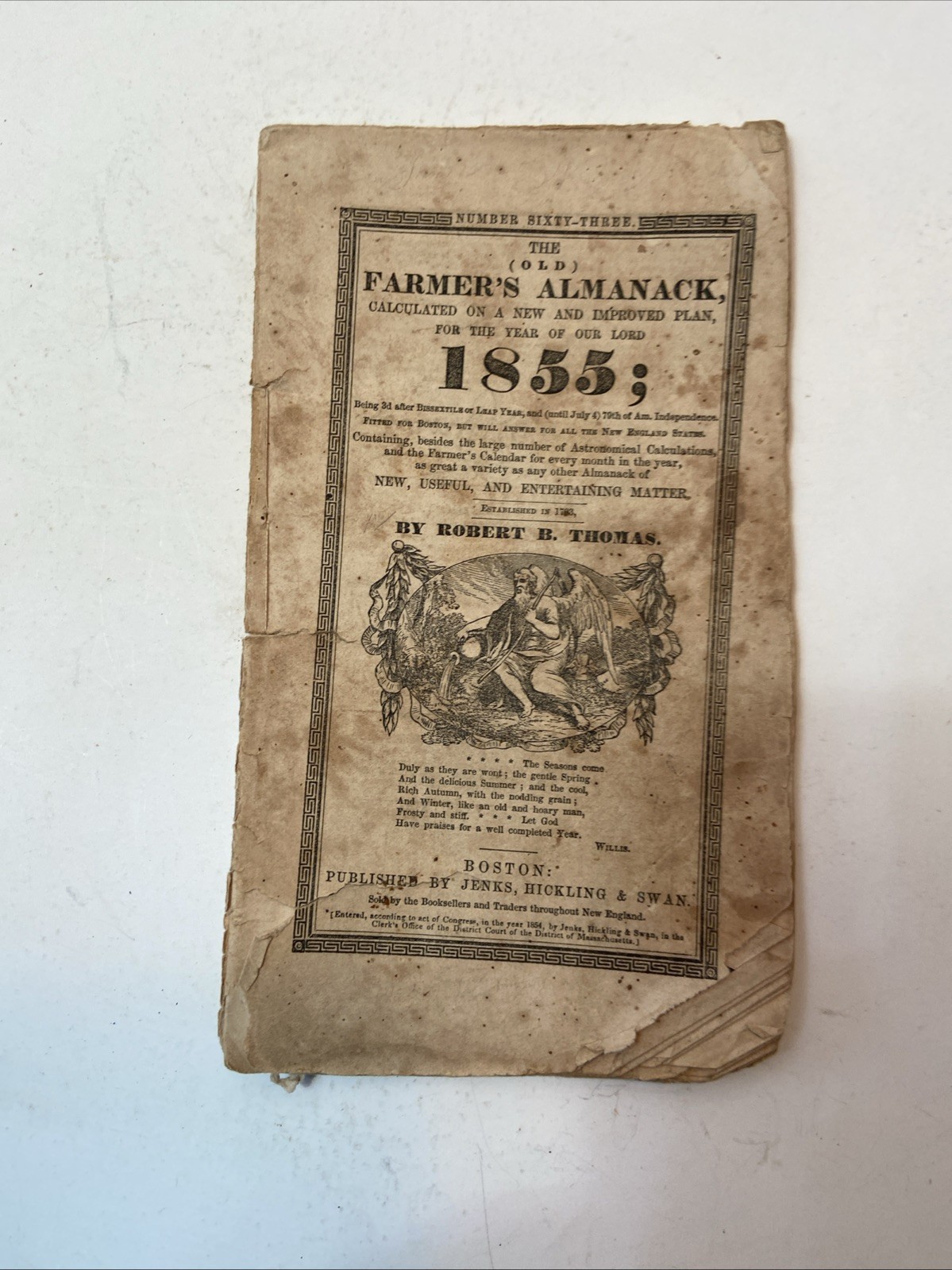 ? RARE VINTAGE OLD FARMERS ALMANACK YEAR 1855 ISSUE NUMBER 63 BY ROBERT B THOMAS