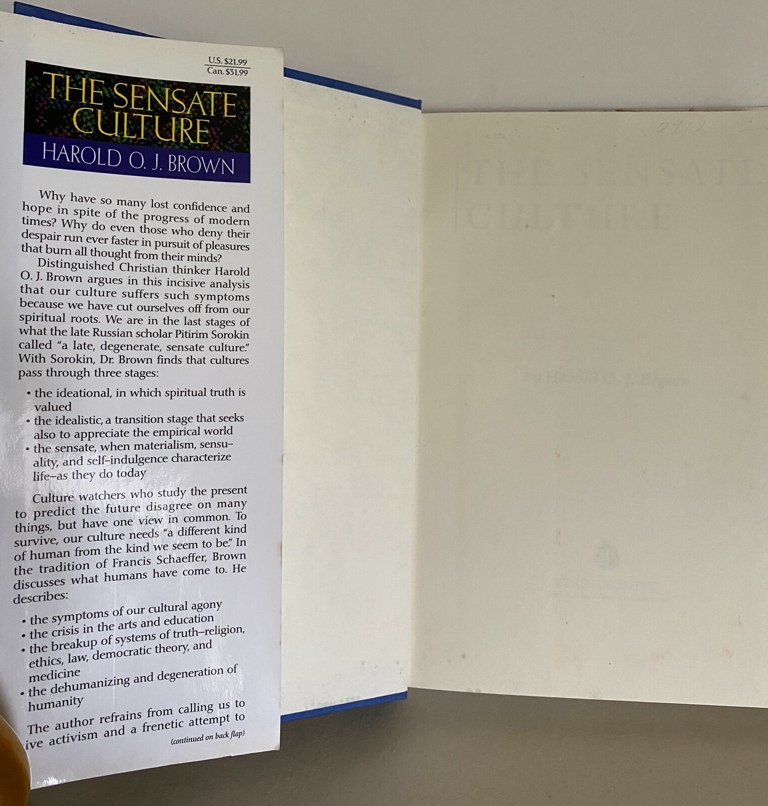 The Sensate Culture Harold O J Brown Transformation HB DJ 1996 old vintage book