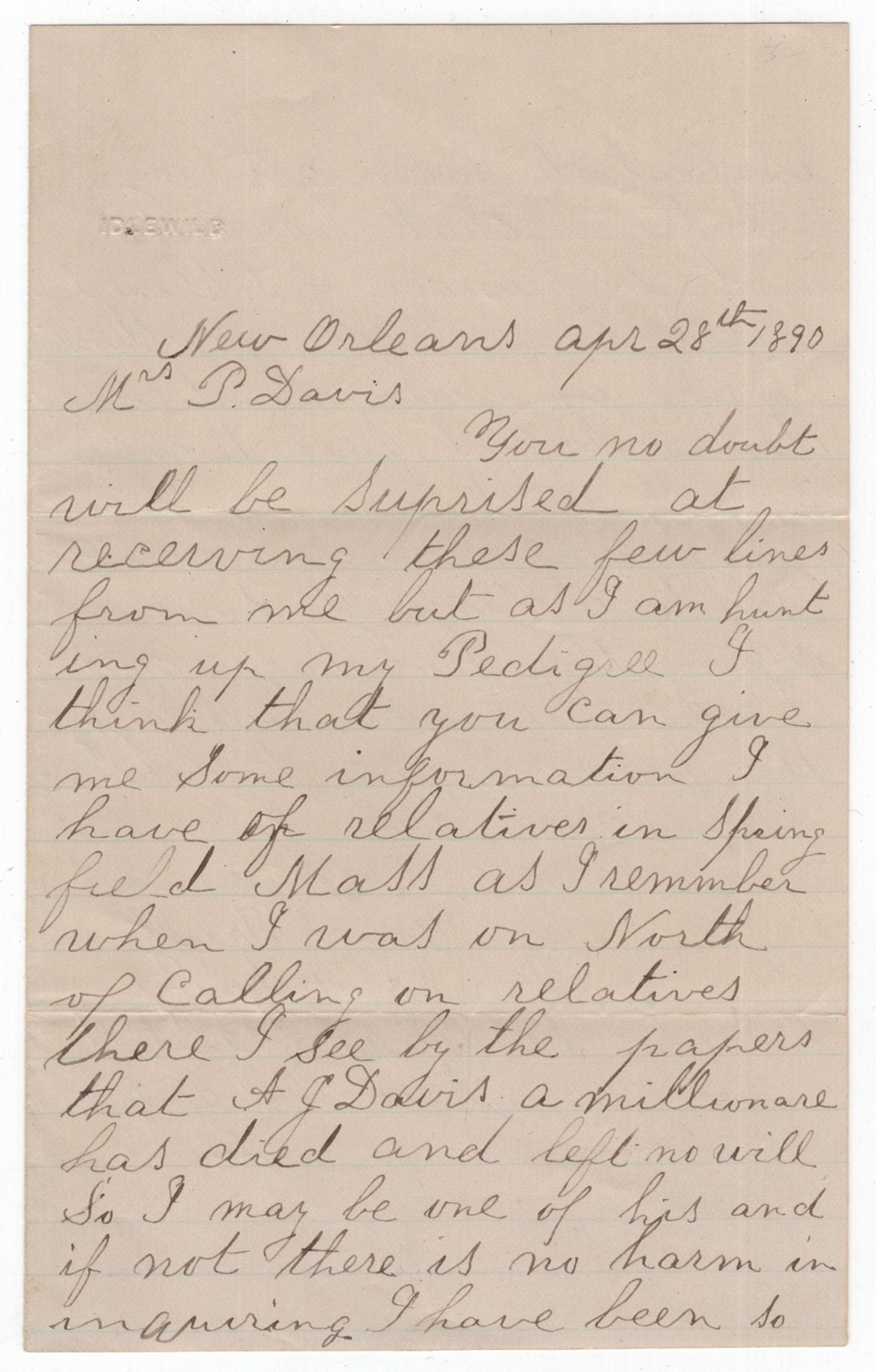 Henry F DAVIS / Autograph Letter Signed to Mrs P Davis