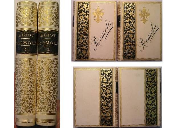 Romola by George Eliot, 1863, 2 Volumes, Inlaid Leather and Vellum Bindings