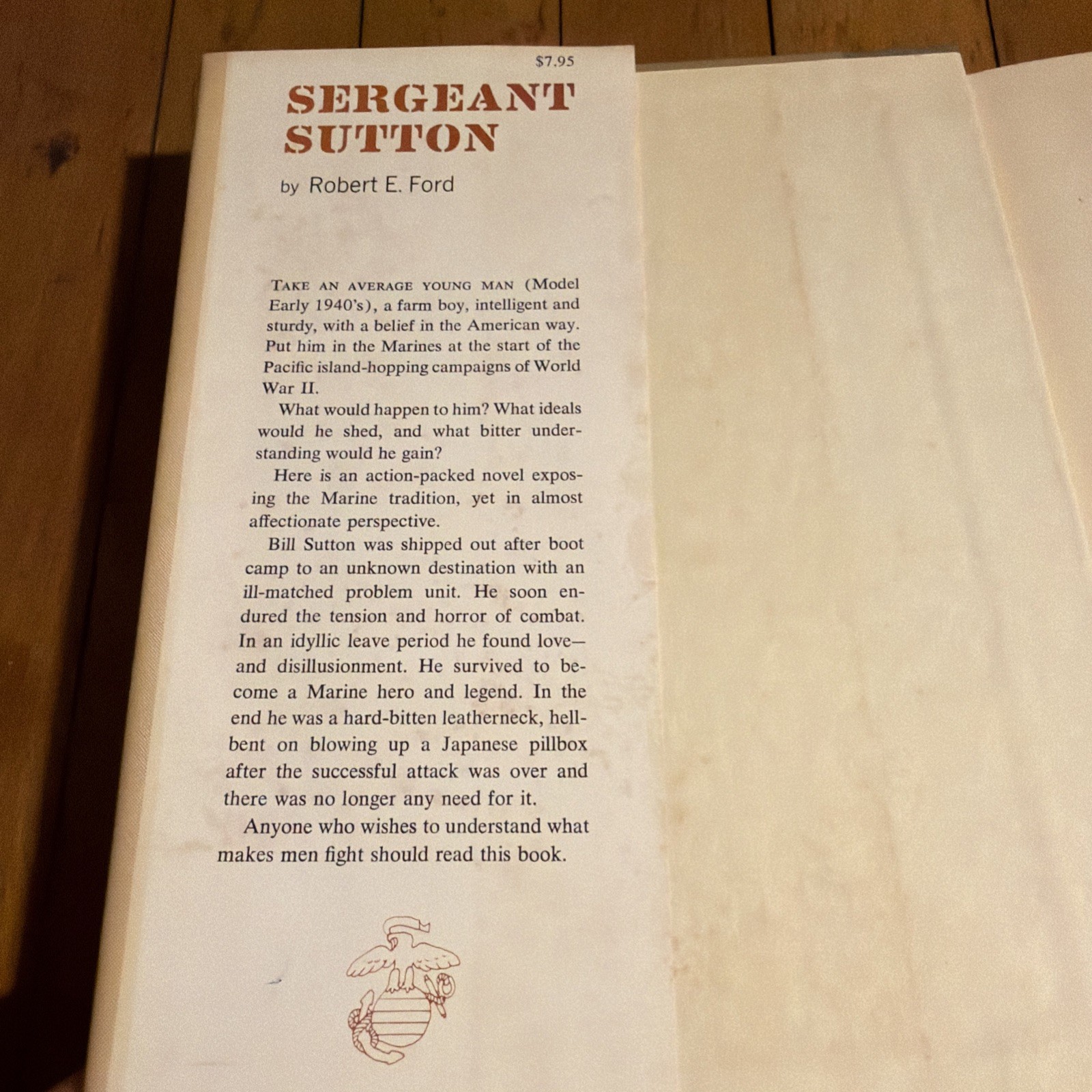 WWII Marines Sergeant Sutton Robert E Ford 1970 HC DJ First Printing WW2 Marines