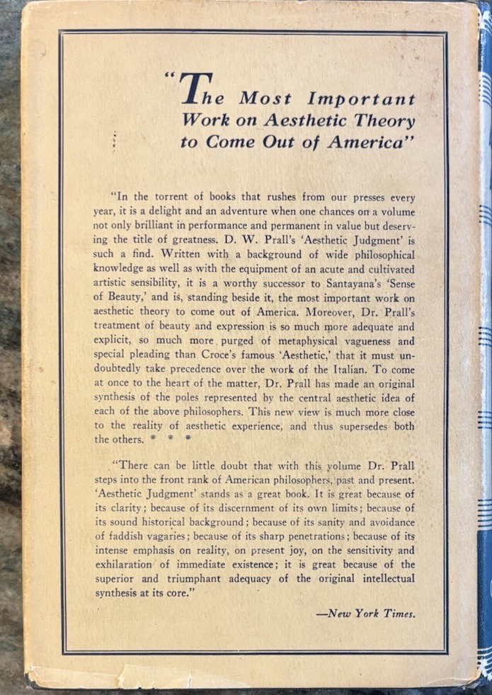 Aesthetic Analysis by D. W. Prall (1st Edition Book – 1936) With Dust Jacket