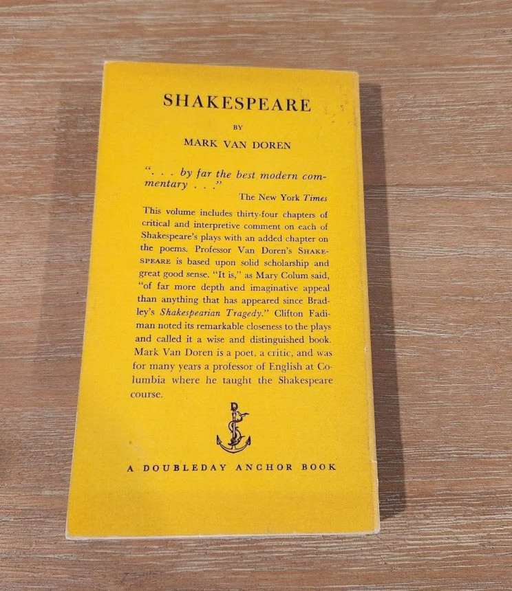 Shakespeare Mark Van Doren Paperback Book Doubleday Anchor – 1953