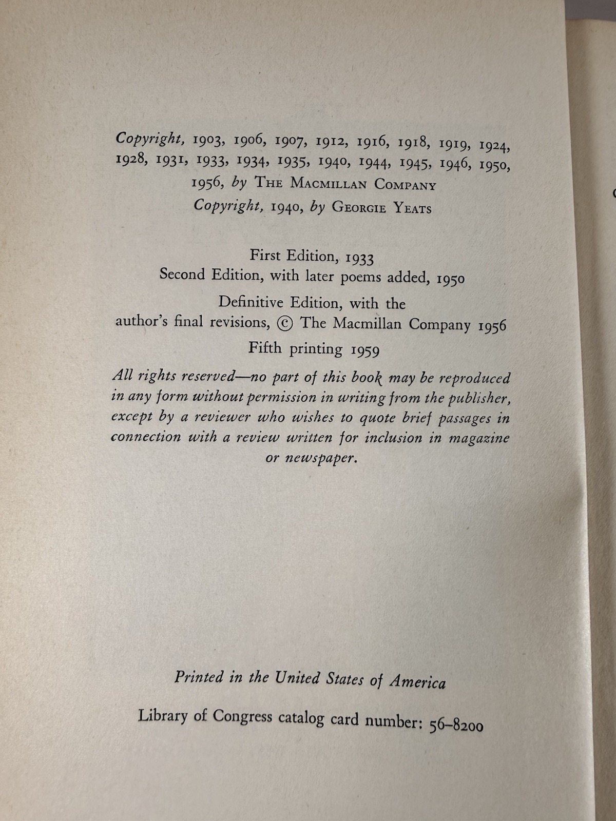 1959 Collected Poems of W.B. Yeats HC Definitive Edition Macmillan Book