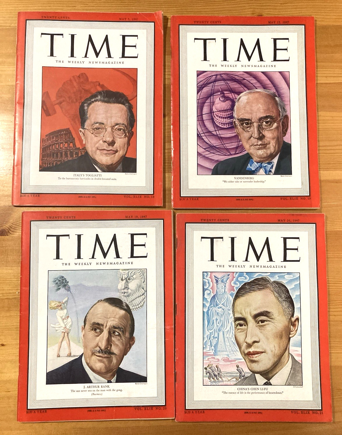 TIME MAGAZINE-1947-4 ISSUES-MAY 5, 12, 19, 26-NO LABELS-COMPLETE, NEAT CLEAN