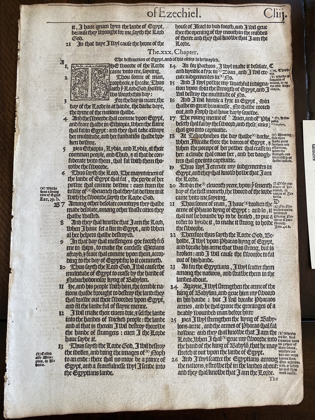 1572 Bishops Bible Leaf Ezekiel 30-31 Nice!