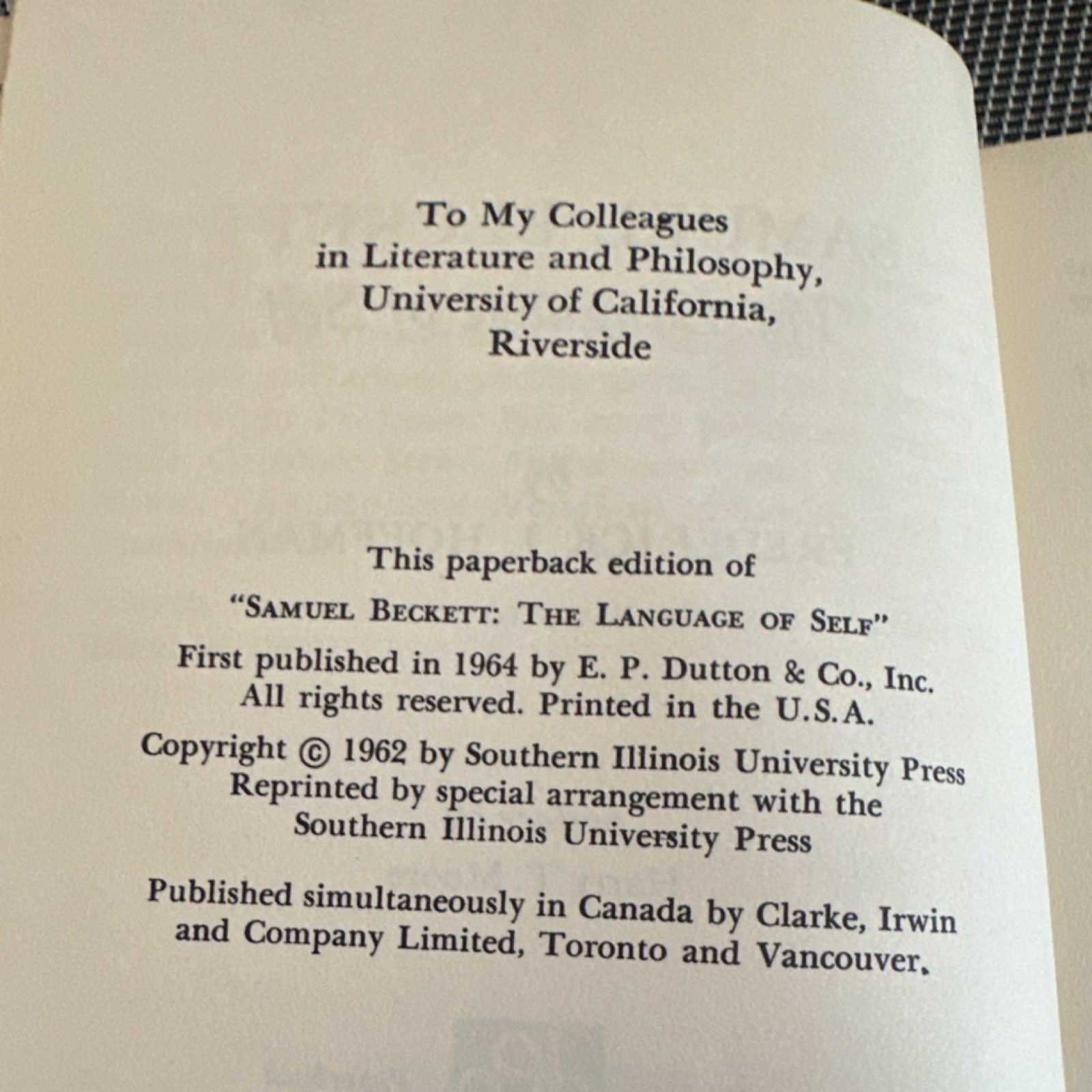 Frederick J. Hoffman E.P. Dutton 1964 Paperback Philosophy Samuel Beckett