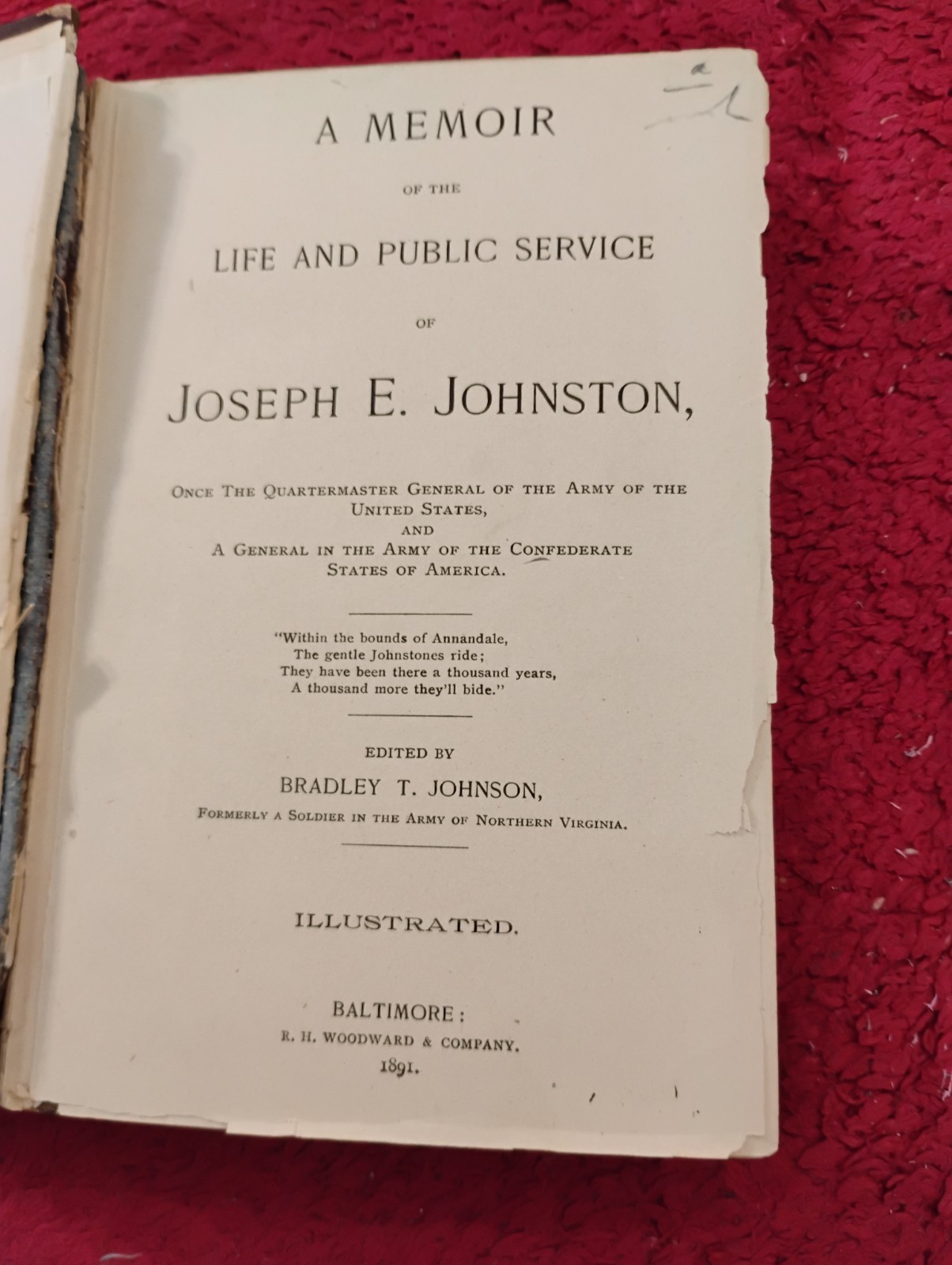 Bradley Johnson, ed. MEMOIR OF THE LIFE OF JOSEPH E. JOHNSTON 1891 Original HC