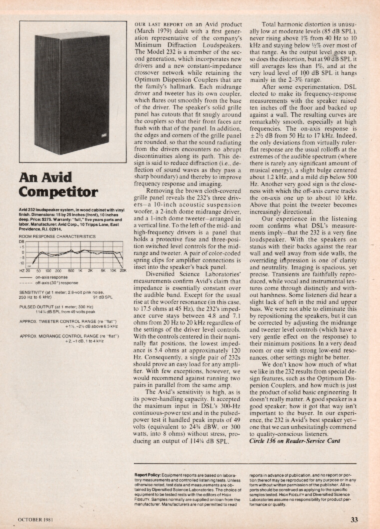 Avid – Model 232 Speaker – Full Original Test Report – 1981