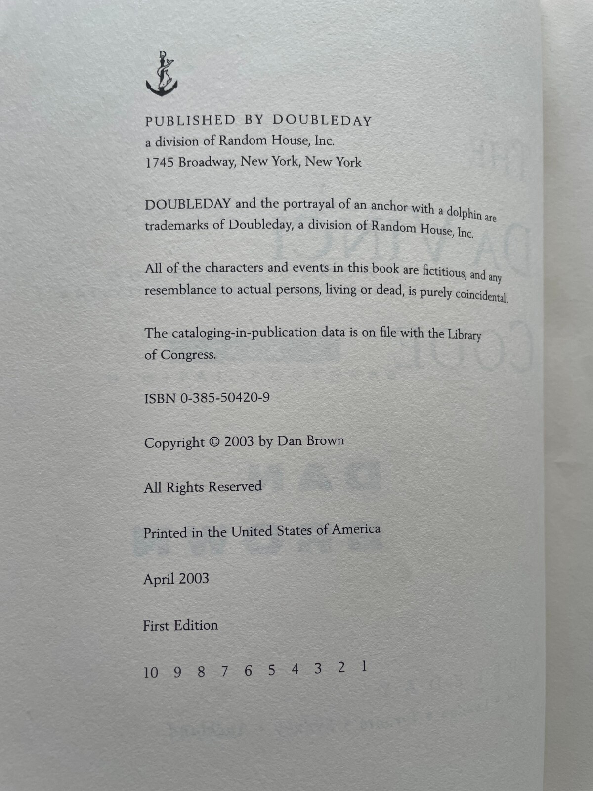 2003 The DAVINCI CODE Dan Brown TRUE FIRST EDITION 1st 1st HC DJ w‘ Both Errors