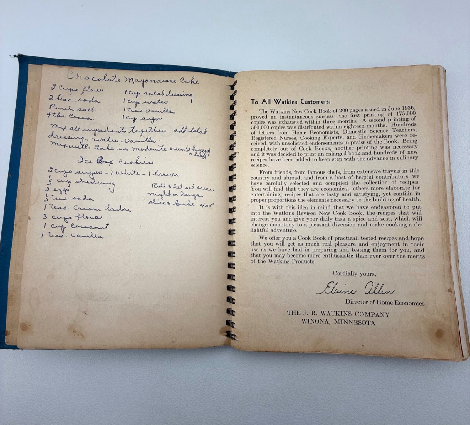 1938 Watkins Cook Book the J R Watkins Co Winona MN HC Spiral Bind 8.5×6.5