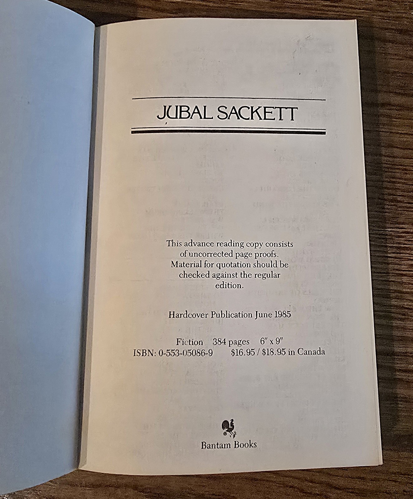 LOUIS L’AMOUR LAMOUR Jubal Sackett / Advance Reading Copy ARC UNCORRECTED PROOF