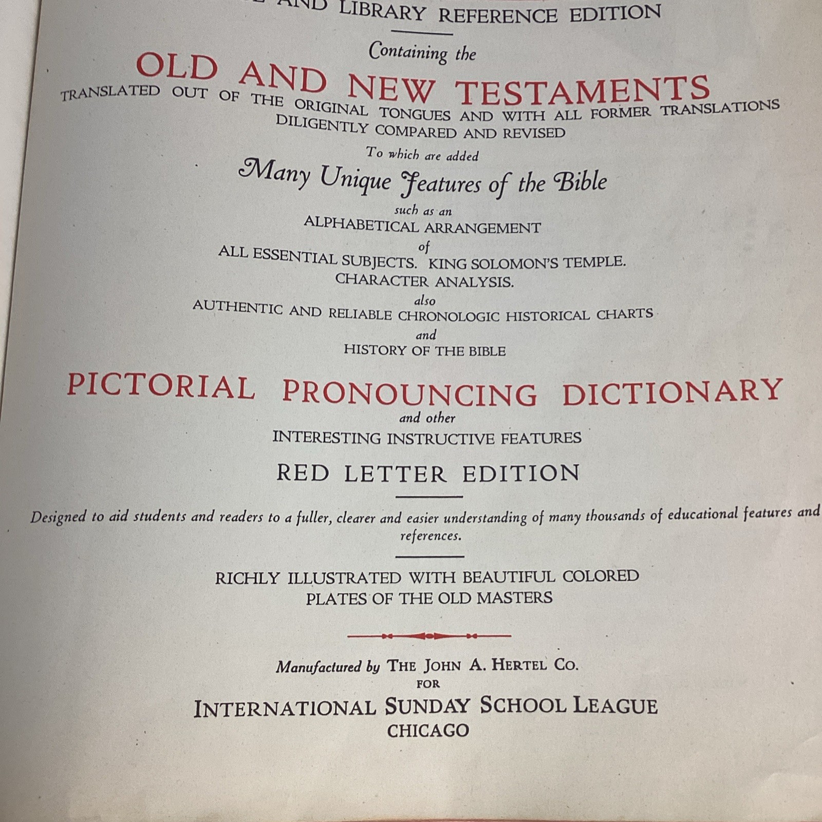 1936 The John A. Hertel Co. Leather Indexed Illustrated Red Letter Bible Chicago